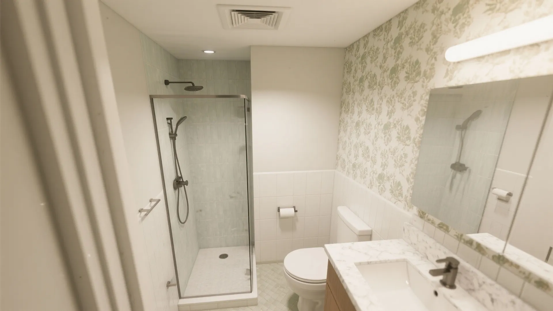 Top-down bathroom view with tiled shower, wallpapered dry walls, and an exhaust fan.