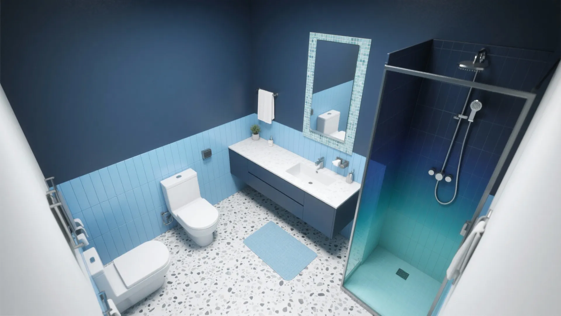 Top-down layout of a small bathroom showing blue tile zones and finishes.