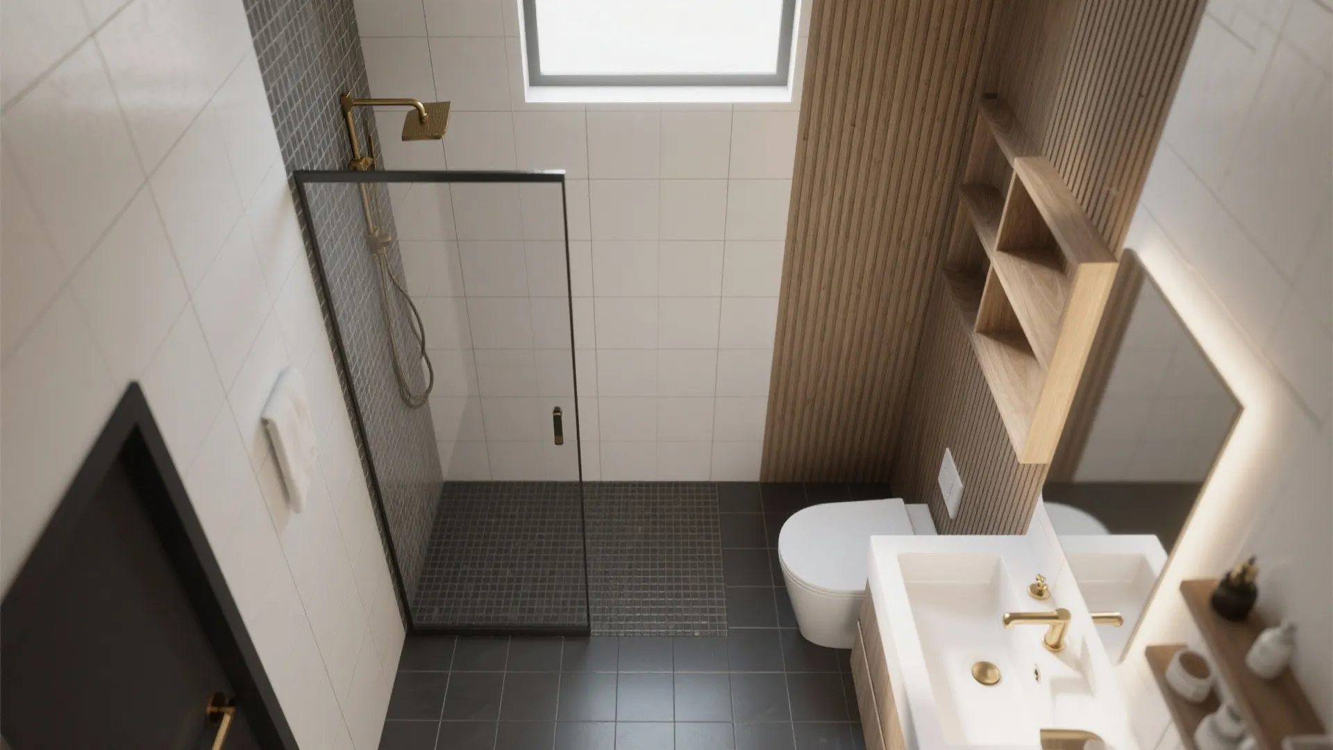 Top view of a small bathroom featuring black floor tiles wooden wall panel and white sink