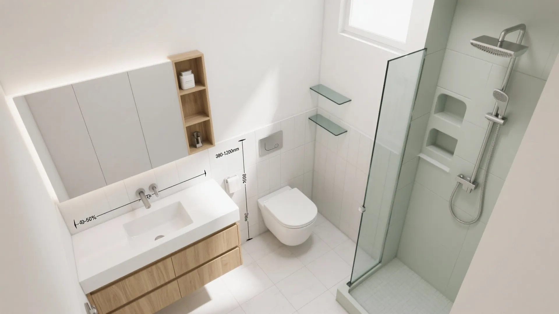 Top down view of a bathroom layout showing sink cabinet toilet and glass shower area