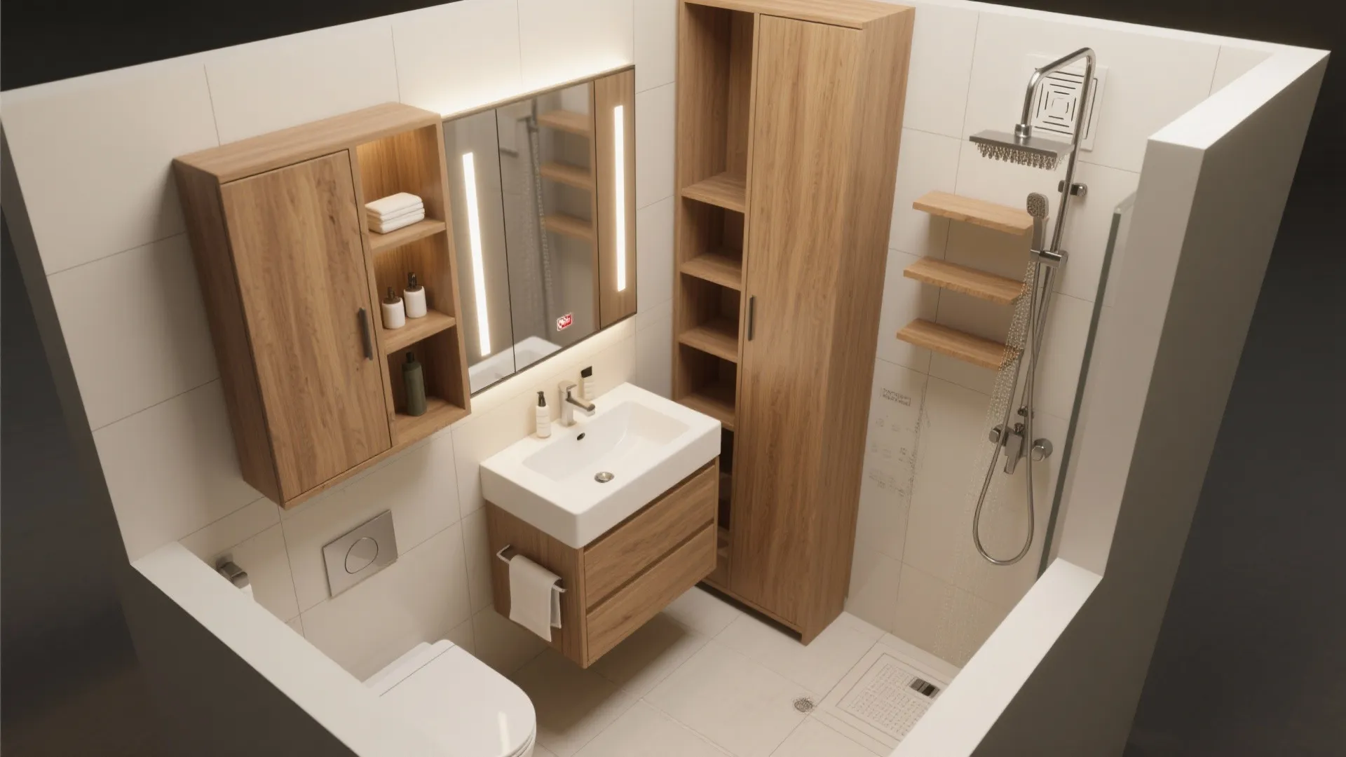 Top view of a small bathroom with wooden cabinets white sink toilet and shower area setup