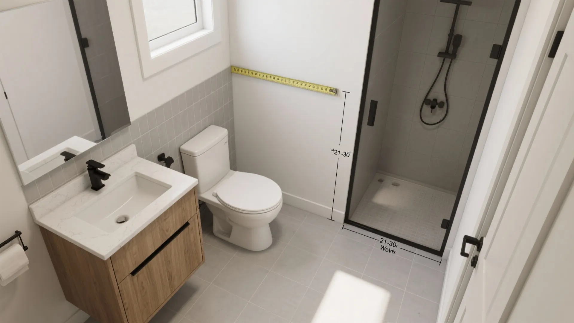 Bathroom interior design drawing showing measurements for toilet and shower area with sink and mirror