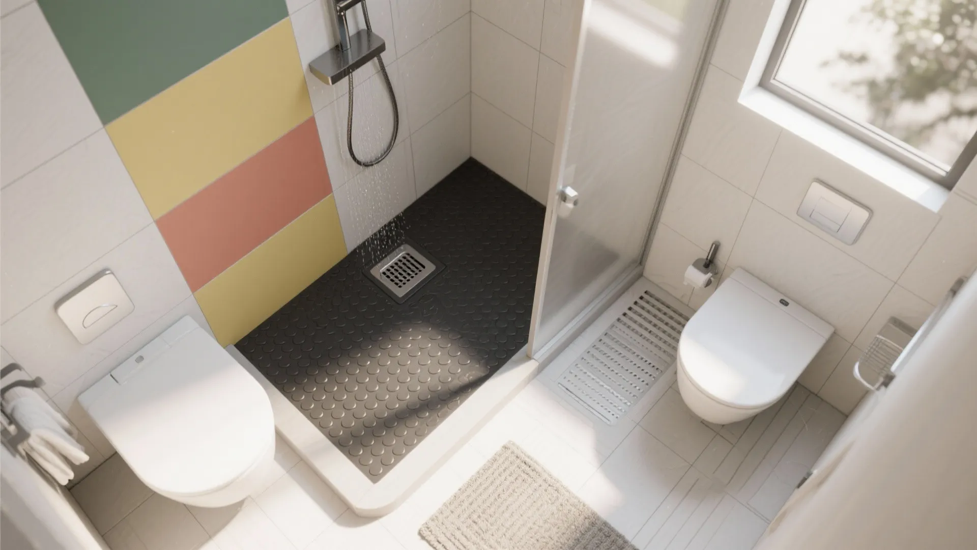 Top view of small bathroom with walk in shower black floor tiles and two white toilets