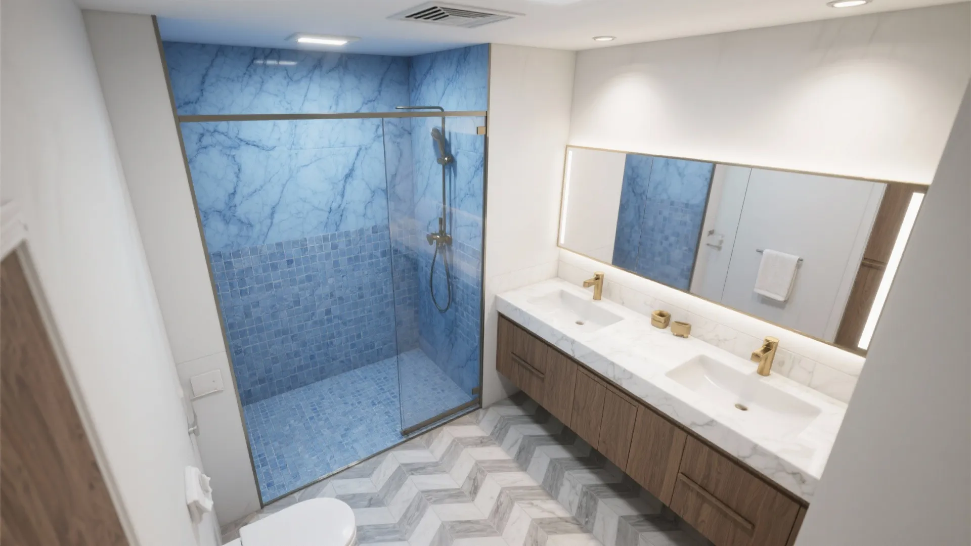 Top view of modern bathroom with blue tiles double sink cabinet and grey patterned floor