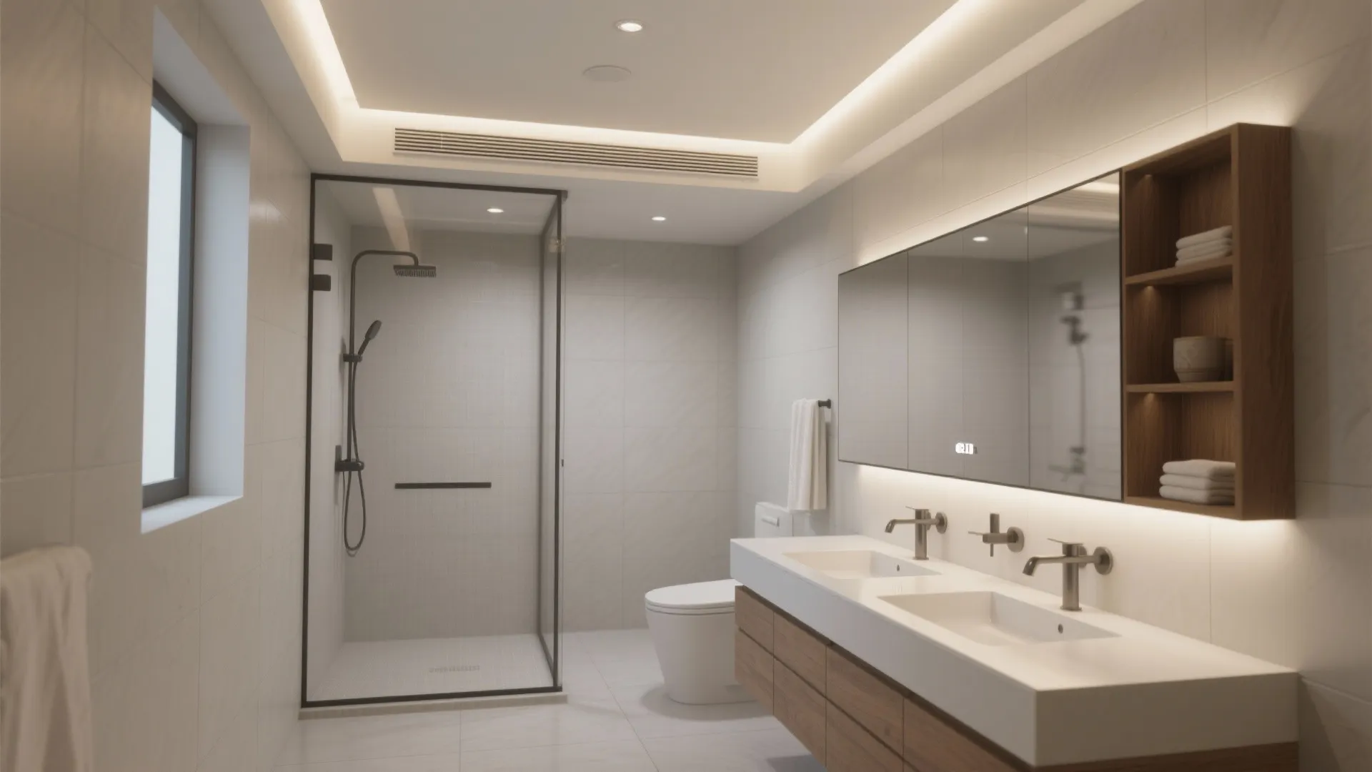 Modern bathroom with glass shower, double sinks, large mirror, wooden cabinet, and warm ceiling lights