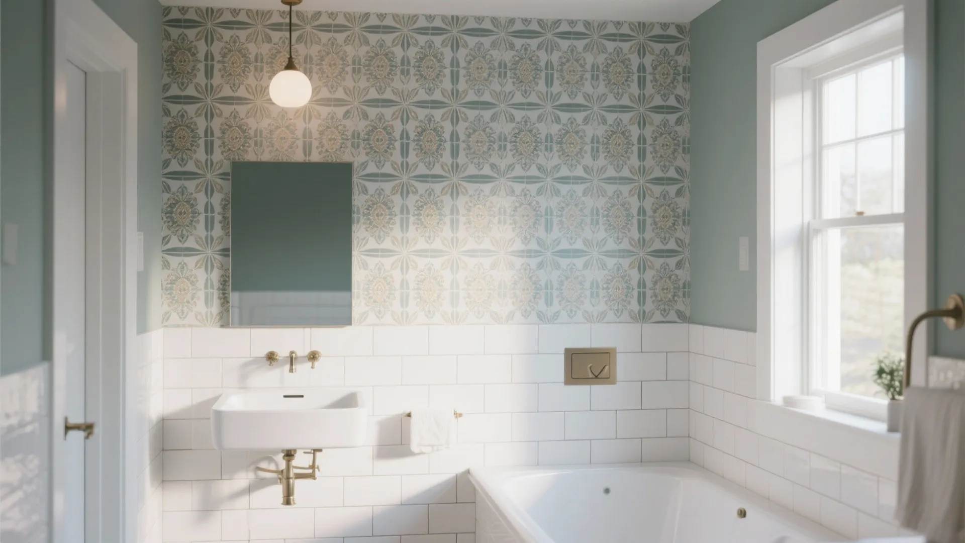 Light green bathroom with floral wall tiles white bathtub white sink and round glass ceiling light