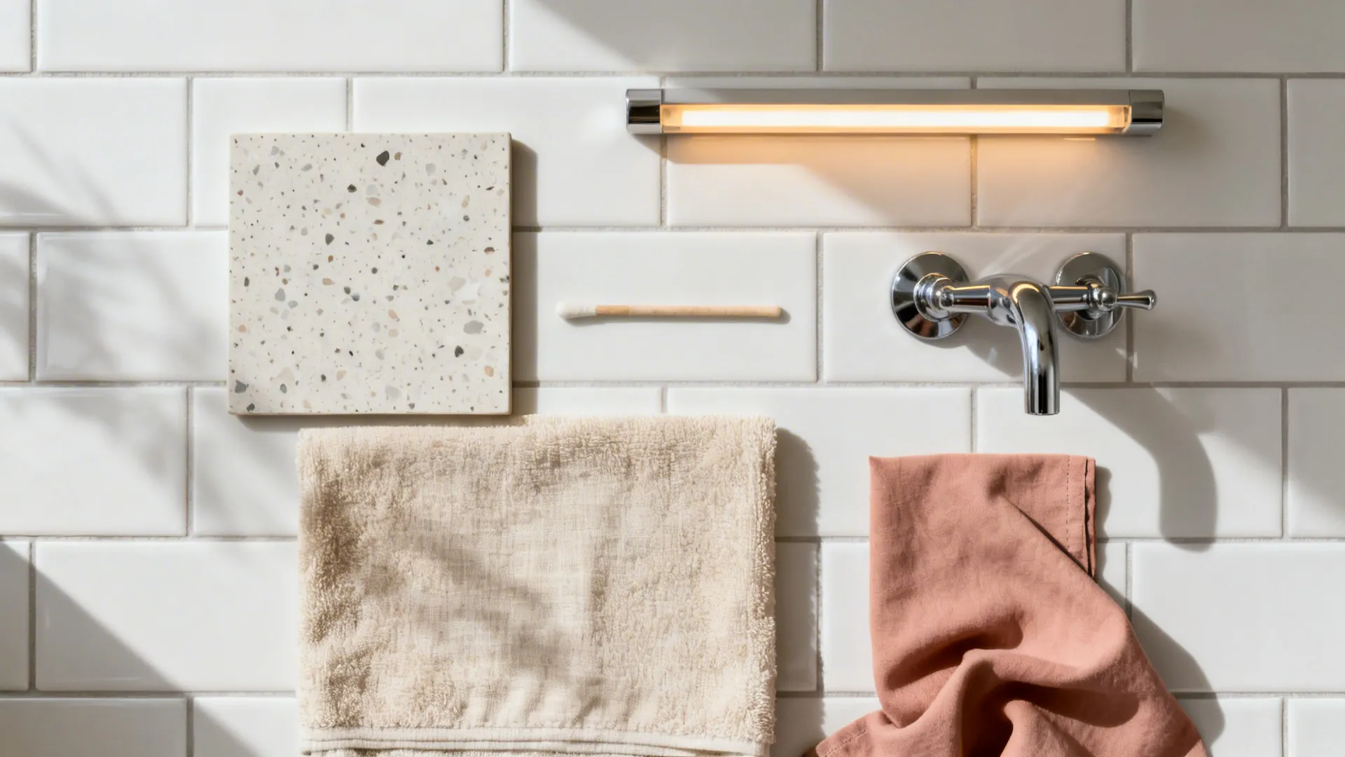 Top-down palette with white tile, terrazzo, warm LED, nickel hardware, and soft textiles.