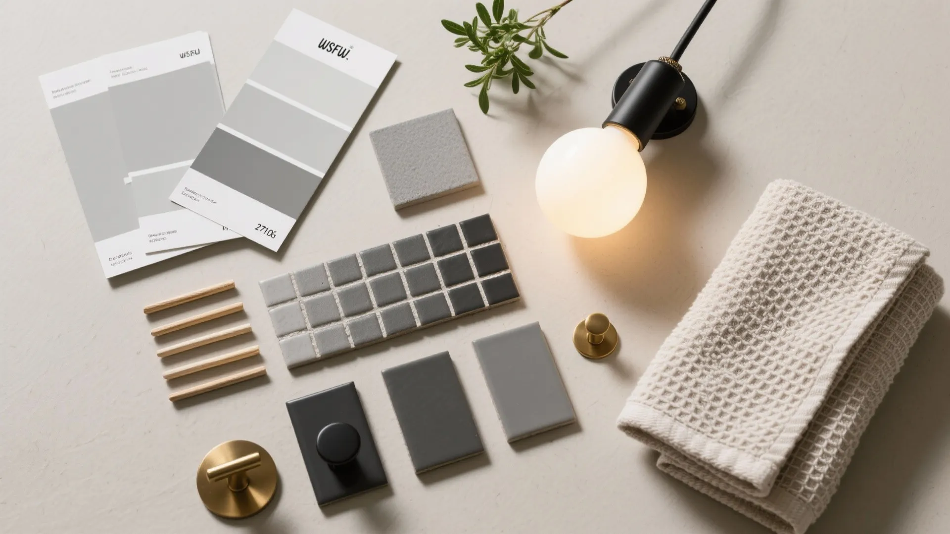 Flat lay of bathroom design materials including grey tiles color swatches light fixture and towel