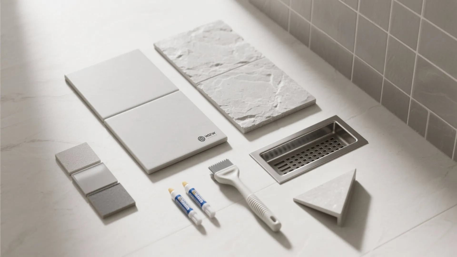 Collection of bathroom building materials with stone tiles, floor drain, white brush, and marking tools