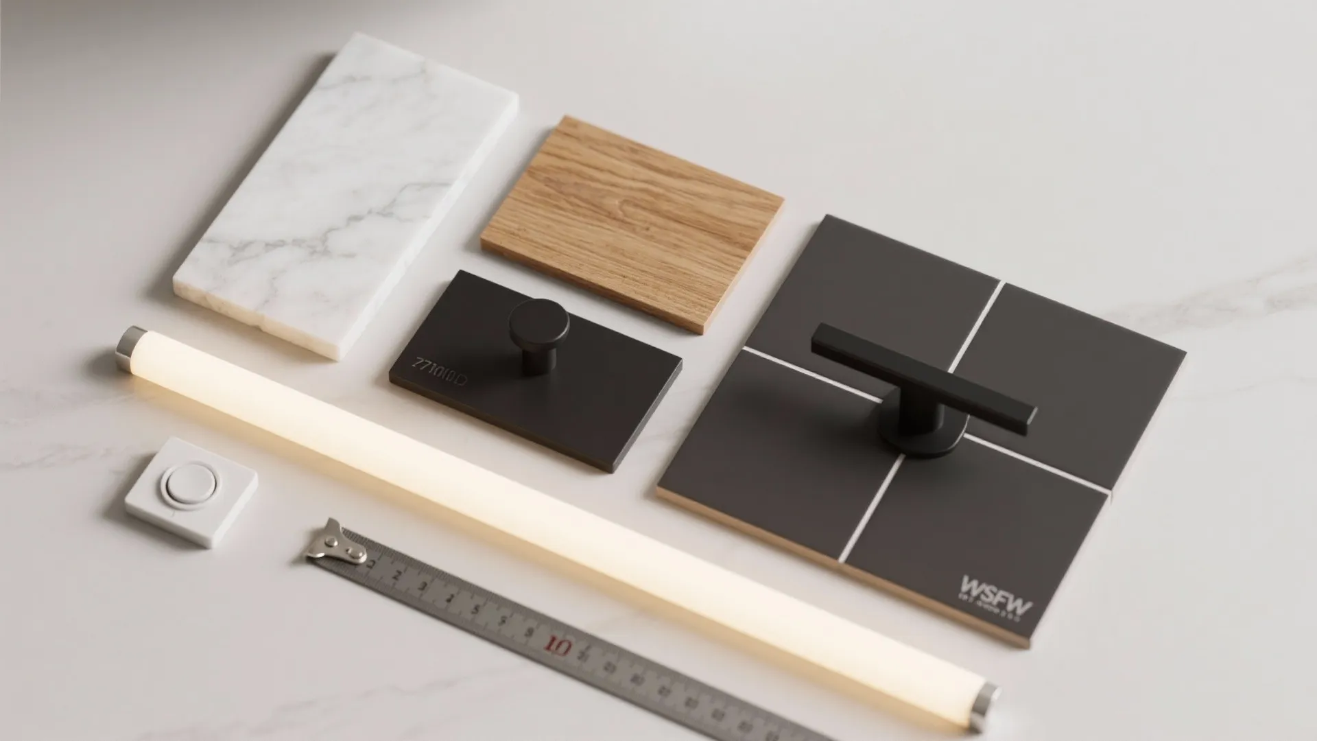 Interior design materials including white marble tile wood sample black handles and a long light fixture
