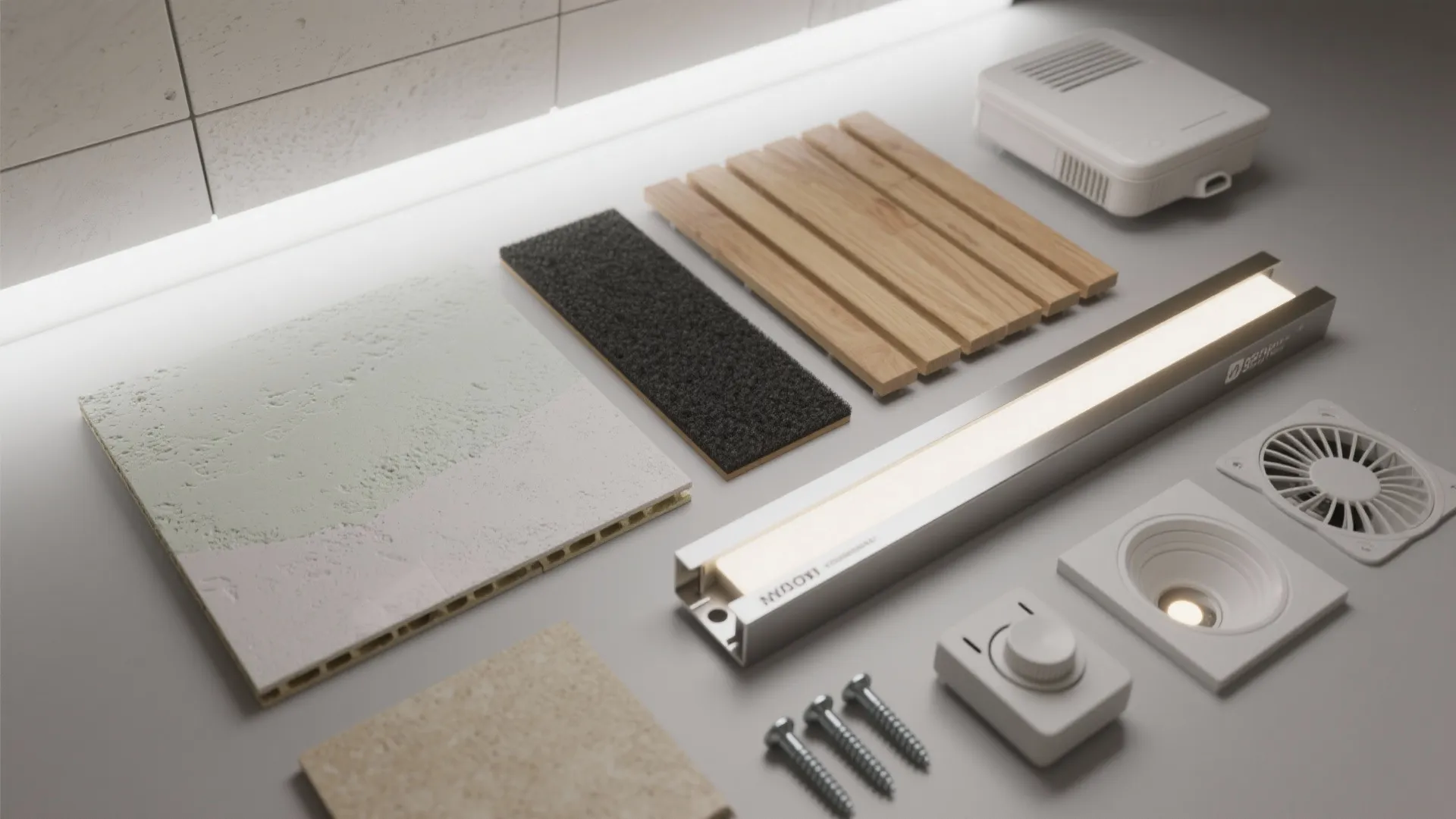 Interior design materials including wood panel samples and light fixture parts on a grey surface