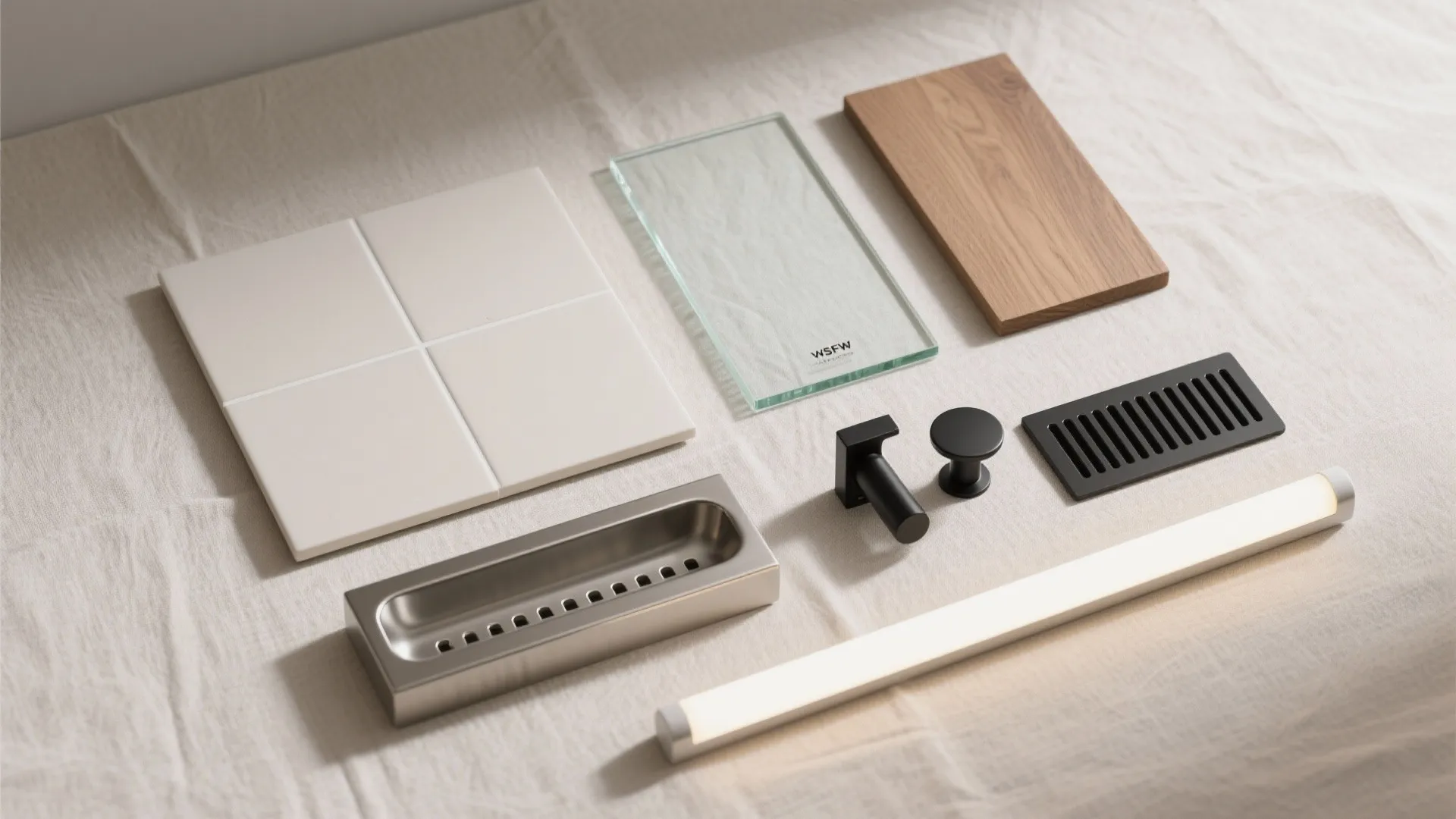 White bathroom tiles, glass panel, wood board, black metal hooks, and long modern light fixture