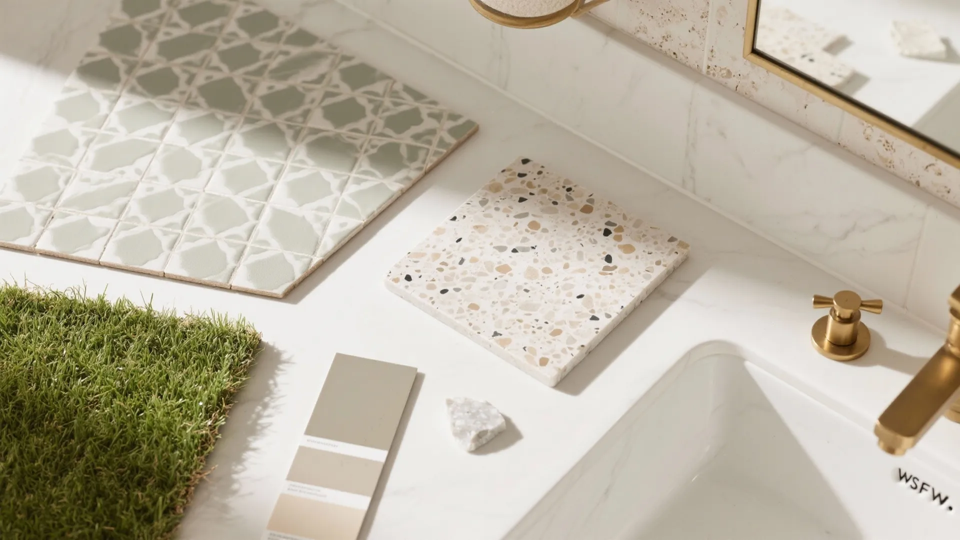 Flat lay of zellige tile, faux grasscloth vinyl, terrazzo wallpaper, quartz, and brass samples.