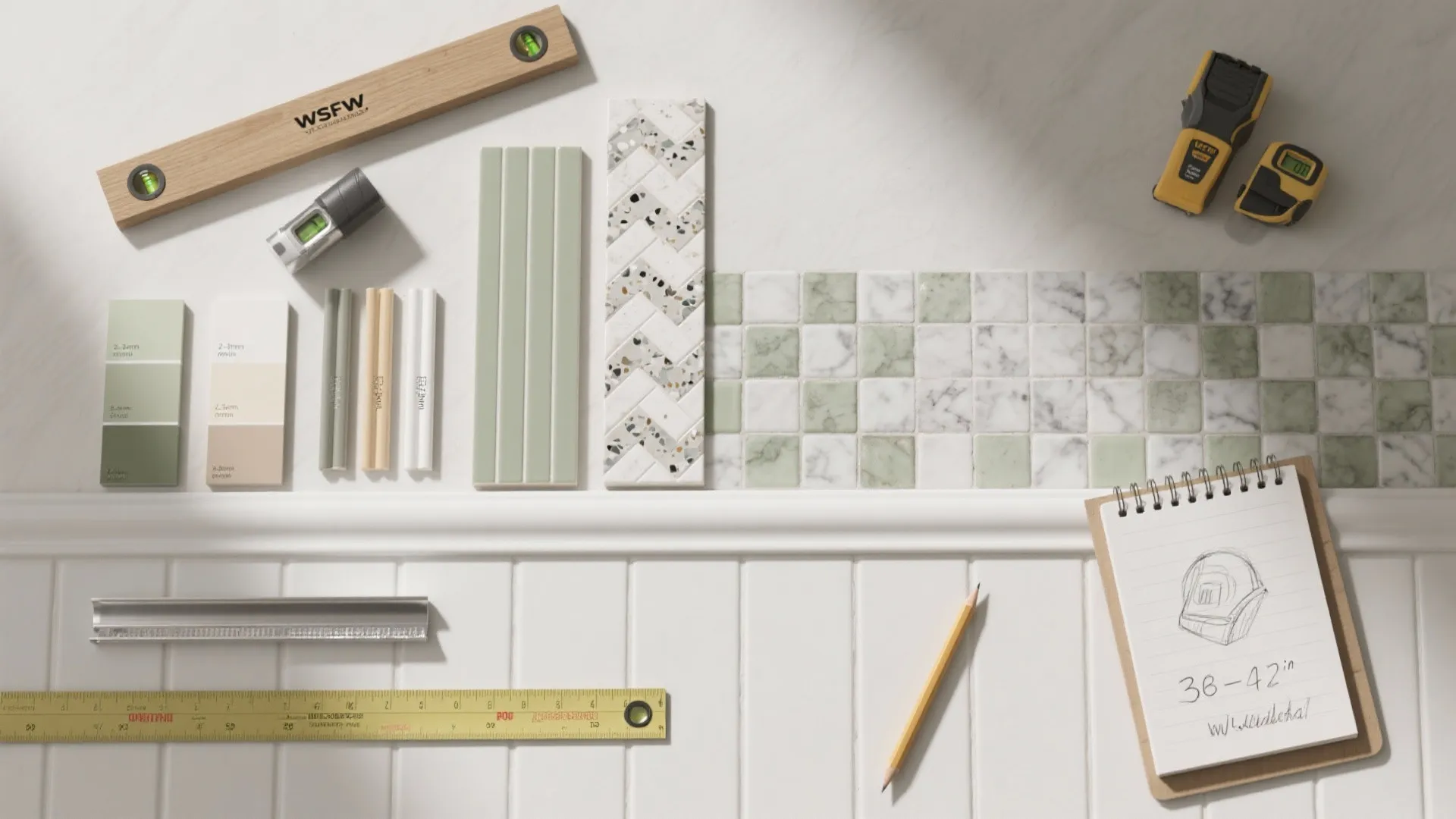 Tile samples paint colors a ruler and notebook on white surface with home building tools