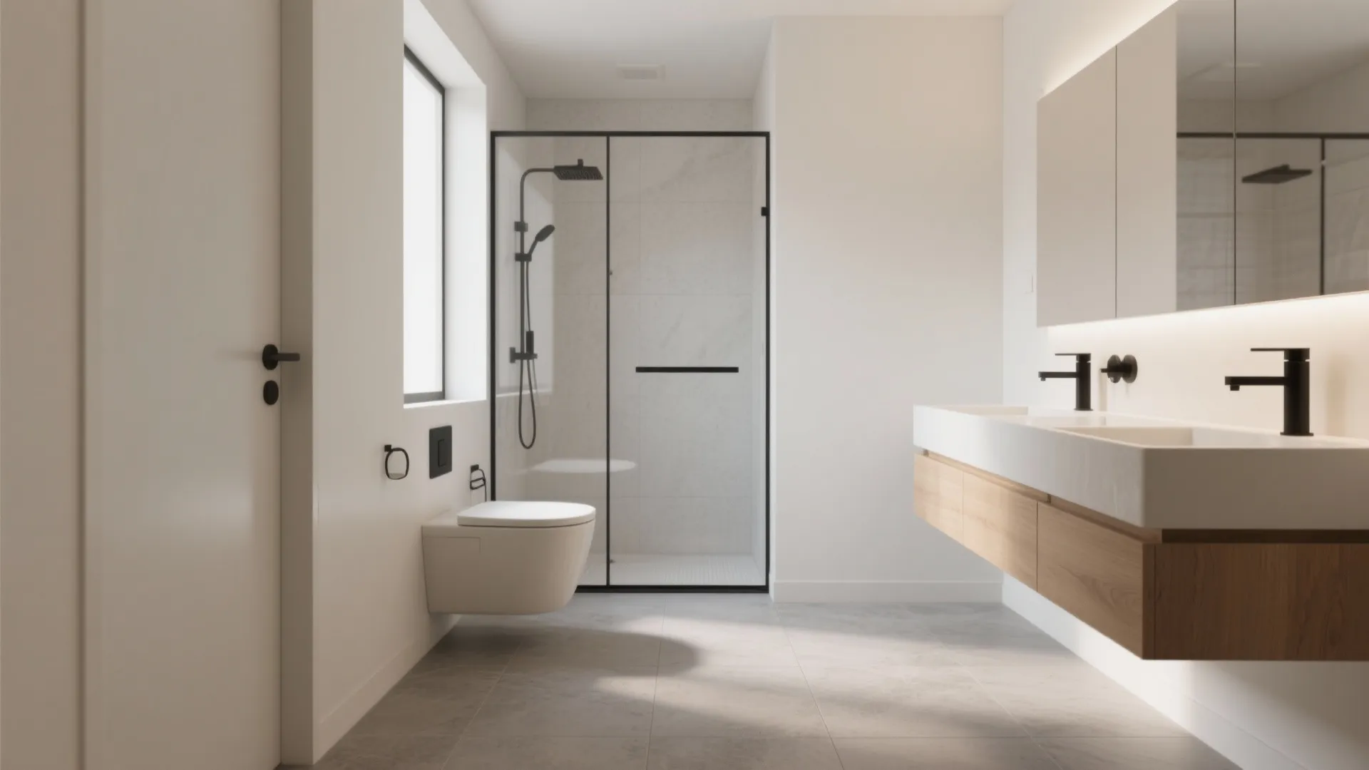 Modern bathroom with walk in shower glass door white toilet wooden cabinet and grey floor tiles