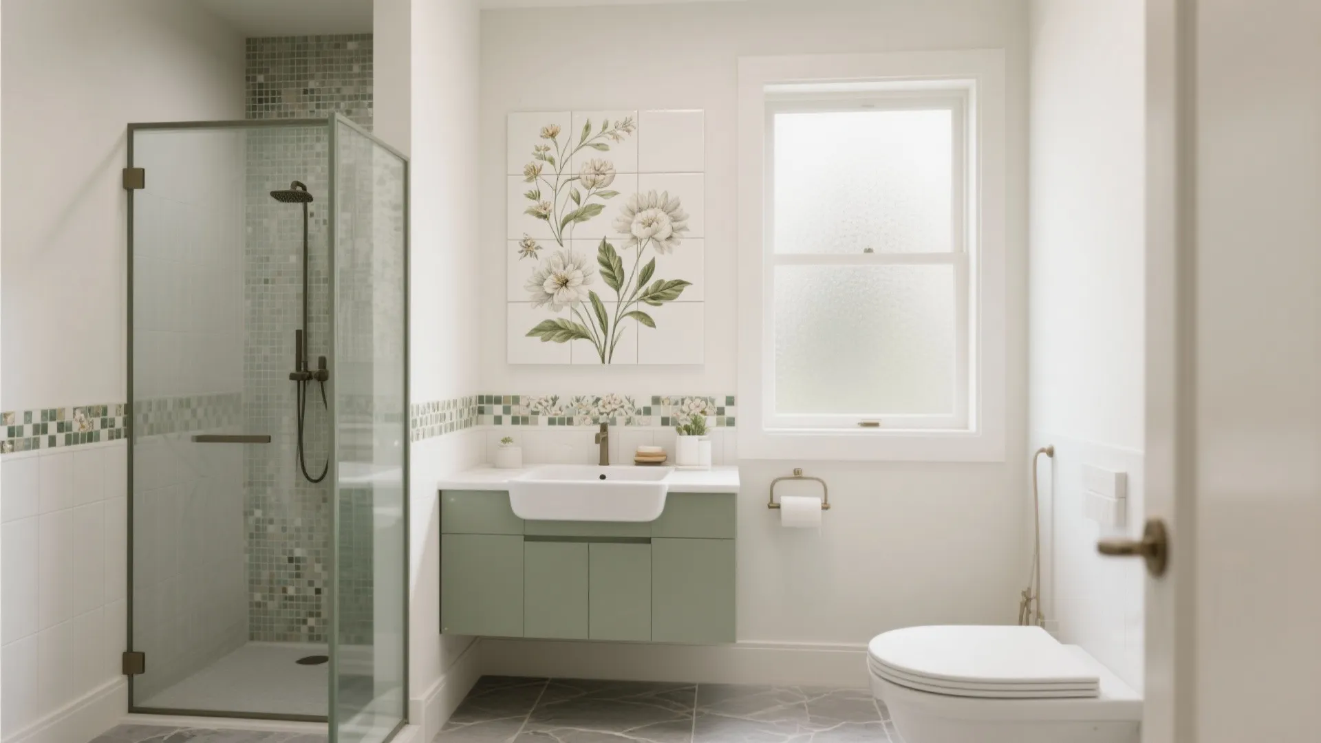 White bathroom with green vanity cabinet, glass shower, white toilet, window, and floral wall tile