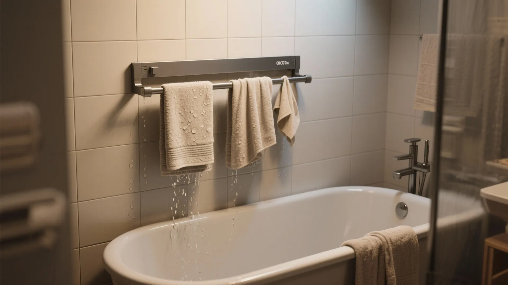 Modern bathroom with towels drying on a wall rack above a white bathtub with faucet