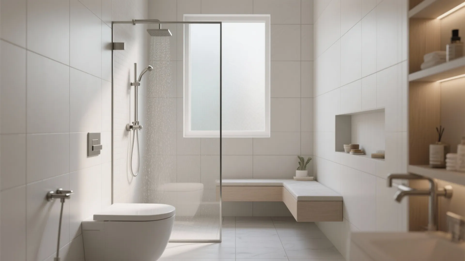 Modern bright bathroom with white wall tiles glass shower door toilet and wooden bench seat