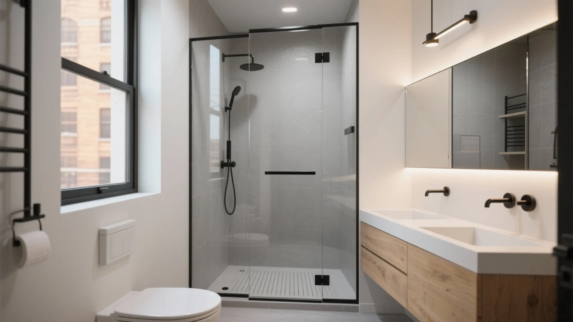 Modern bathroom with glass shower door black frame double sink vanity wooden cabinet and white toilet
