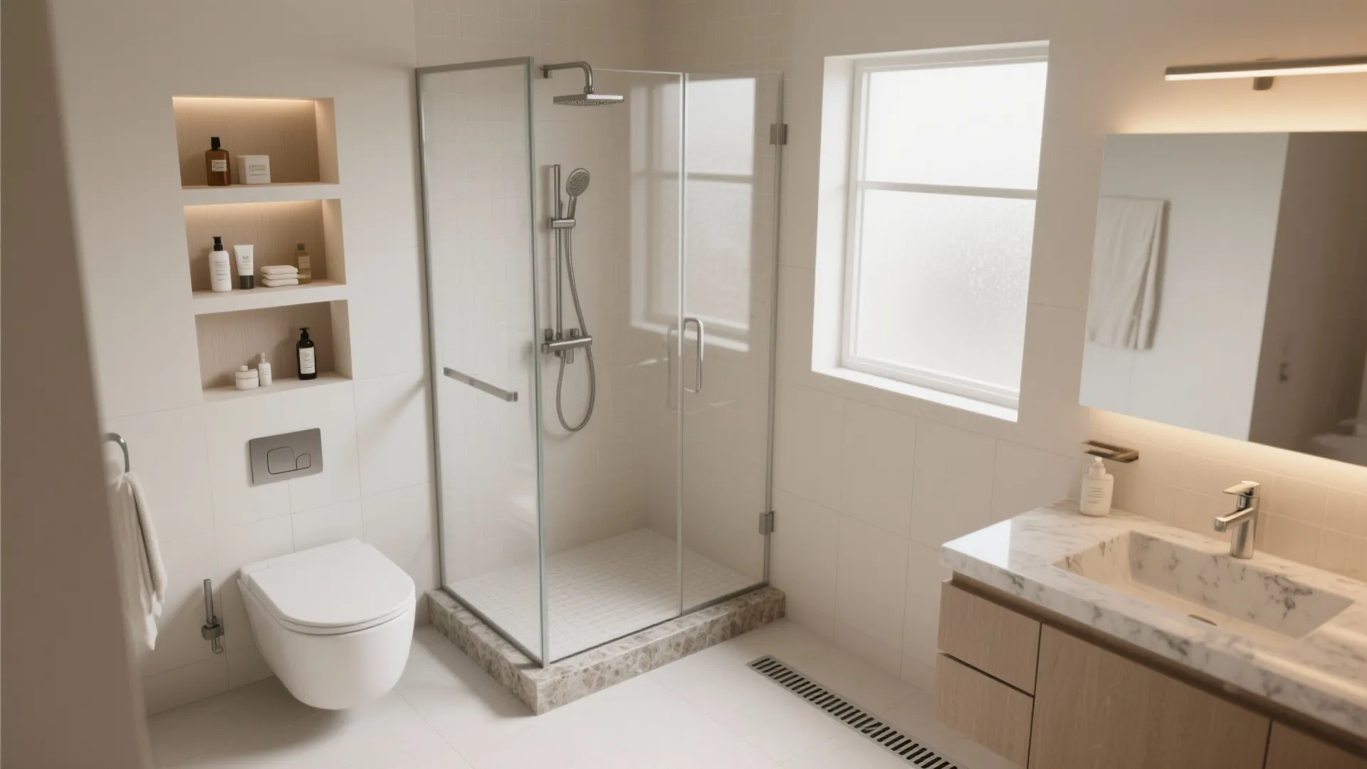 Bathrooms: light, glass, and storage niches