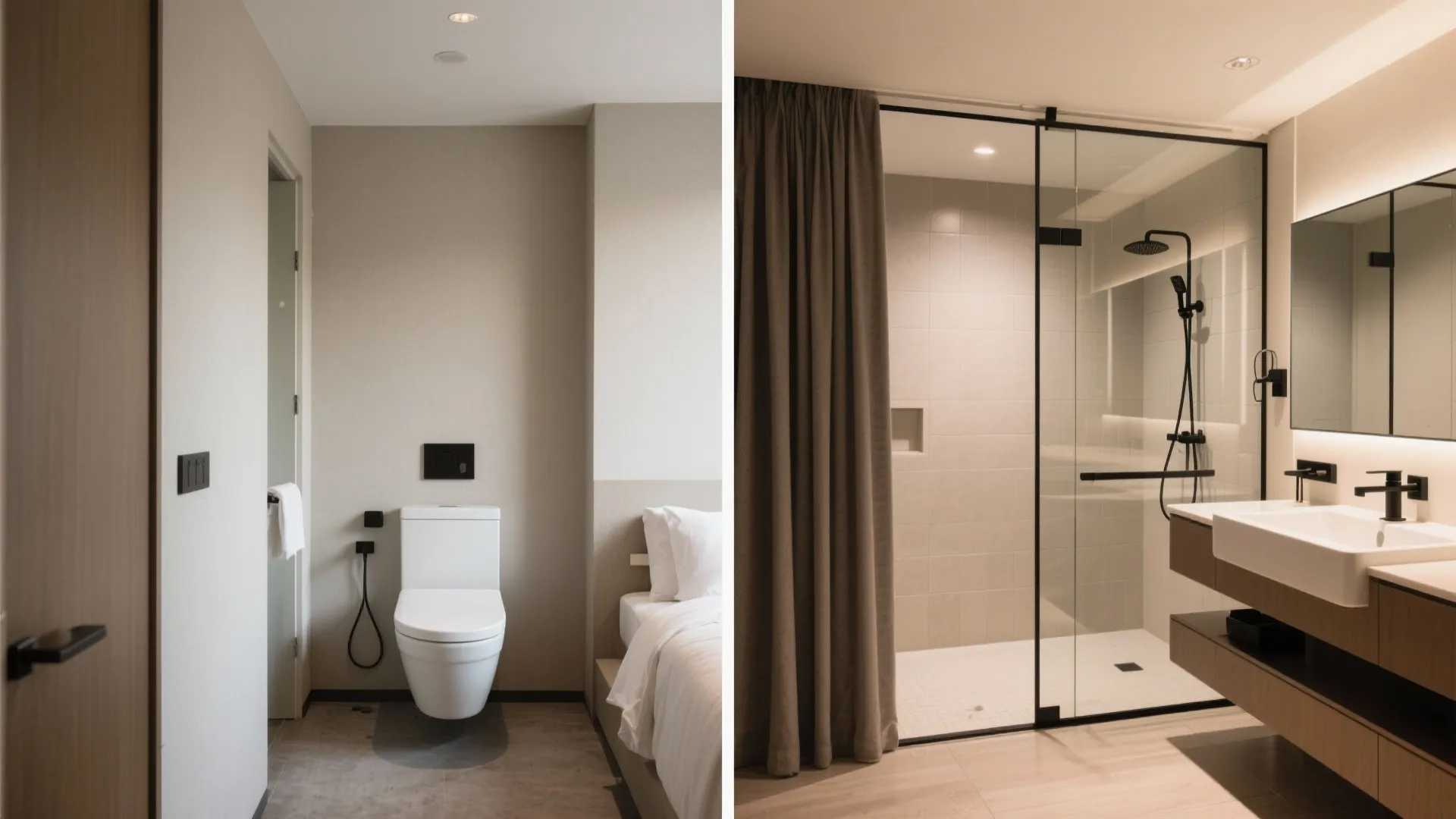 Bathroom design showing white toilet next to bed and glass shower with modern sink cabinet