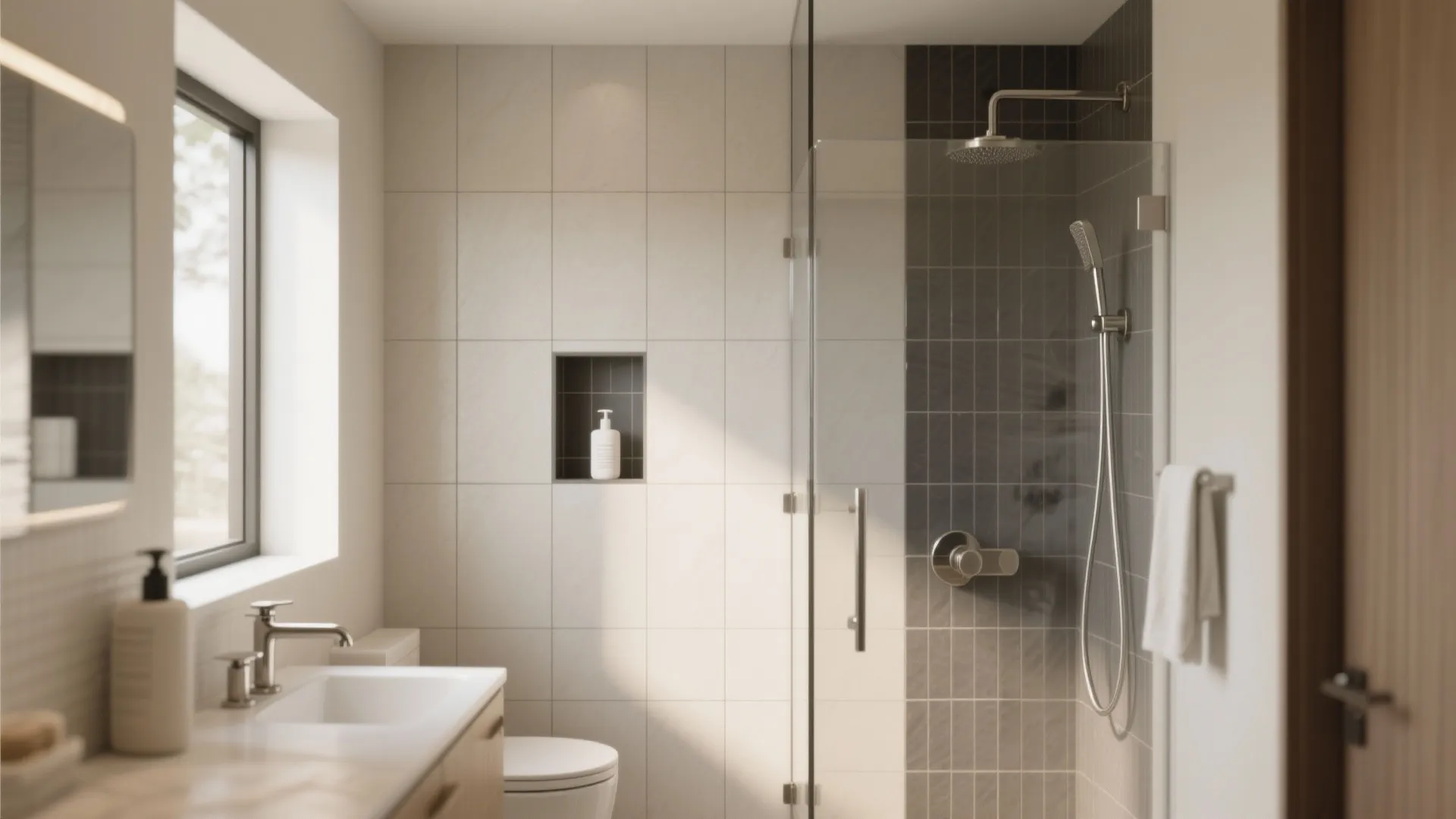 Minimalist bathroom interior with glass shower door beige wall tiles and a small wall niche