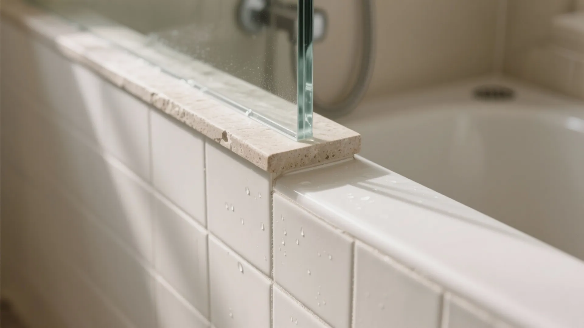 Close up of a glass partition mounted on a white tiled wall next to a bathtub