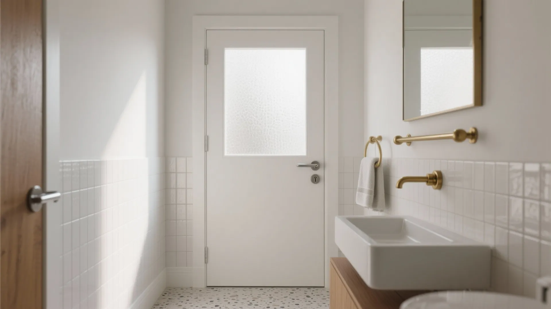 Modern bathroom with white door gold hardware white sink wood cabinet and white wall tiles