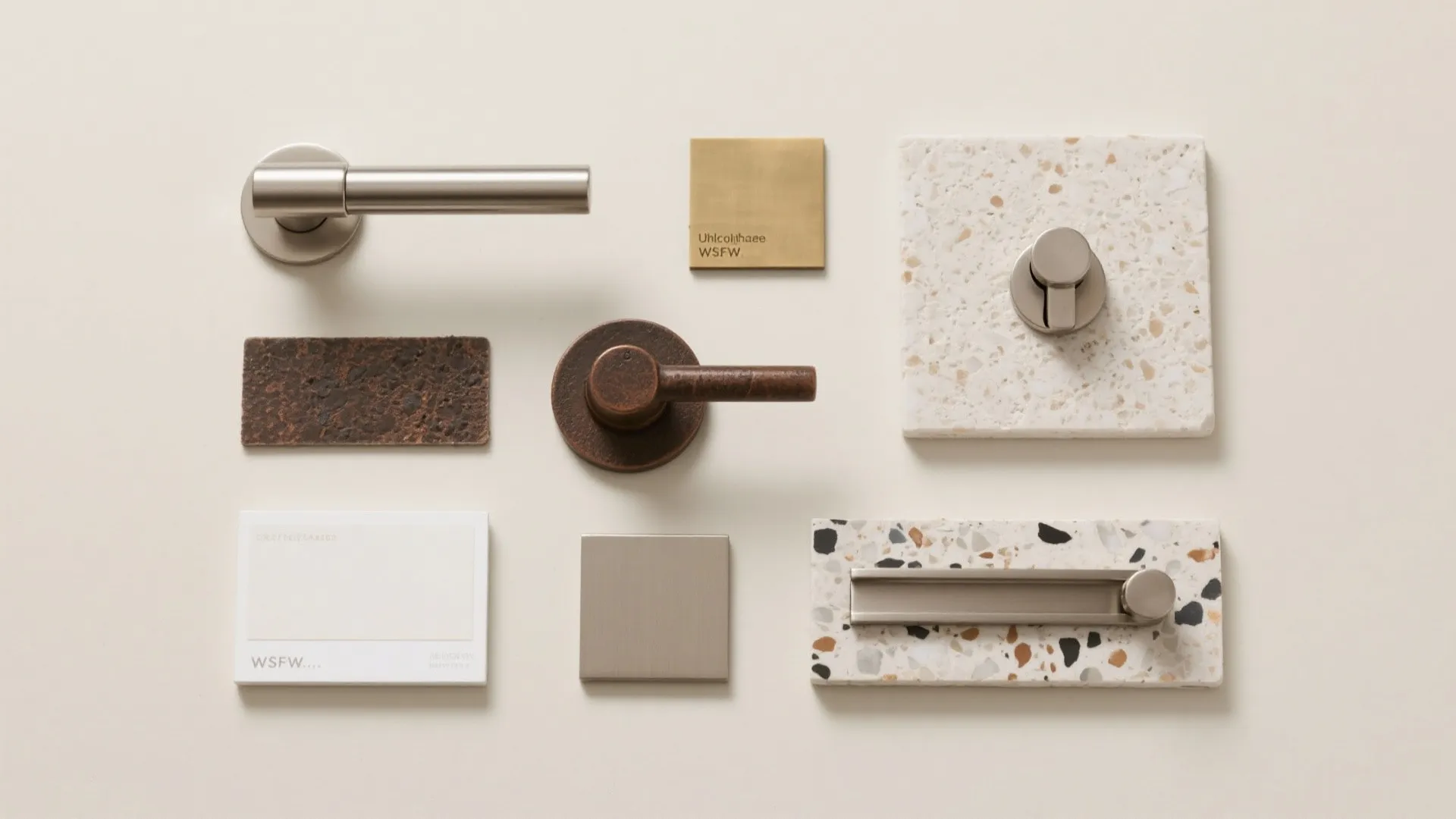 Collection of modern door handles, stone samples, and metal hardware for a bathroom interior project
