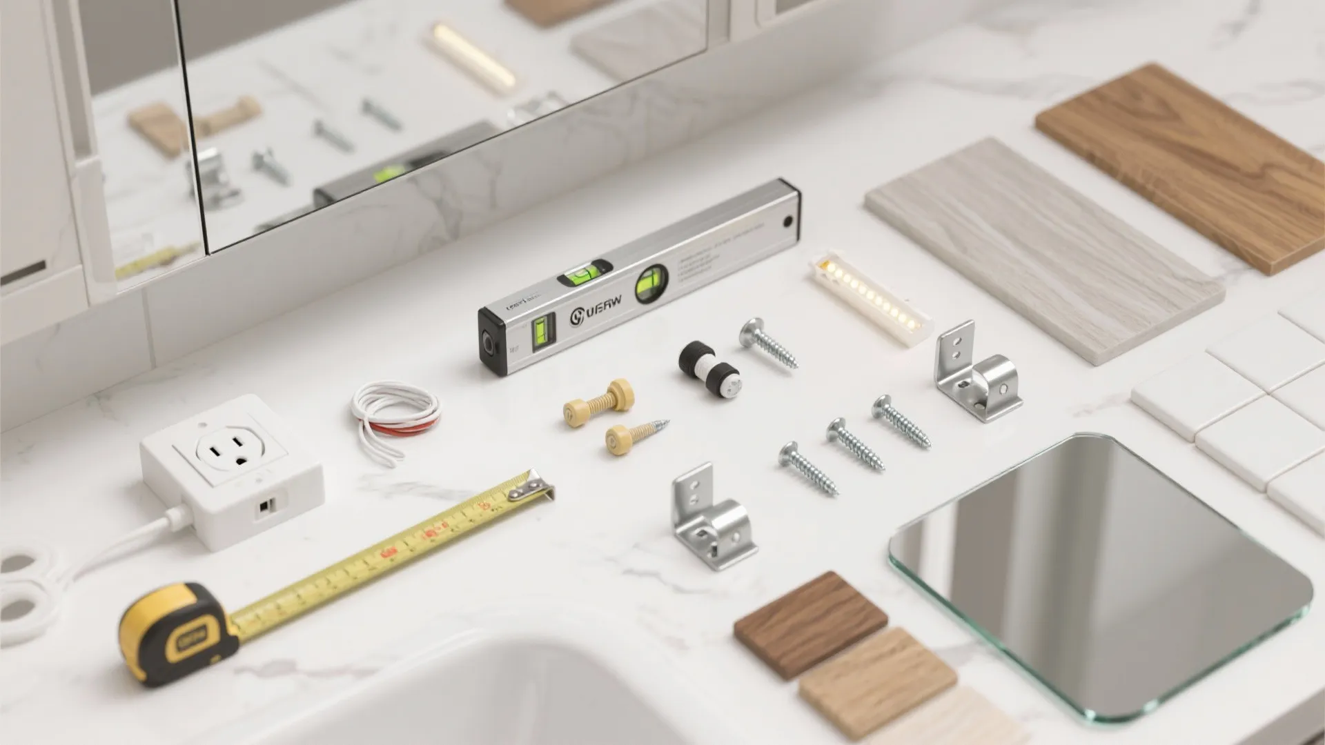 Bathroom installation tools including level tape measure screws and metal brackets laid on a marble surface