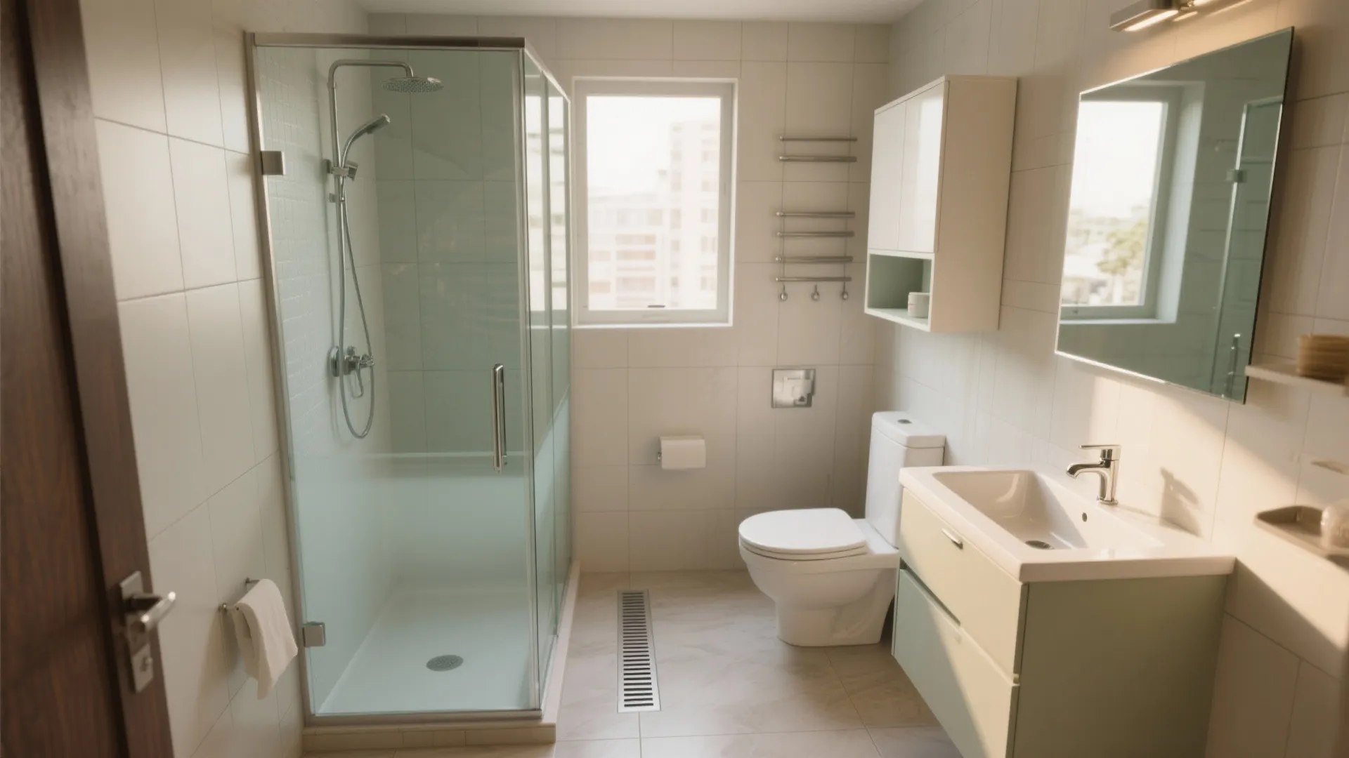 Bright bathroom with square glass shower white toilet light green vanity mirror and a window