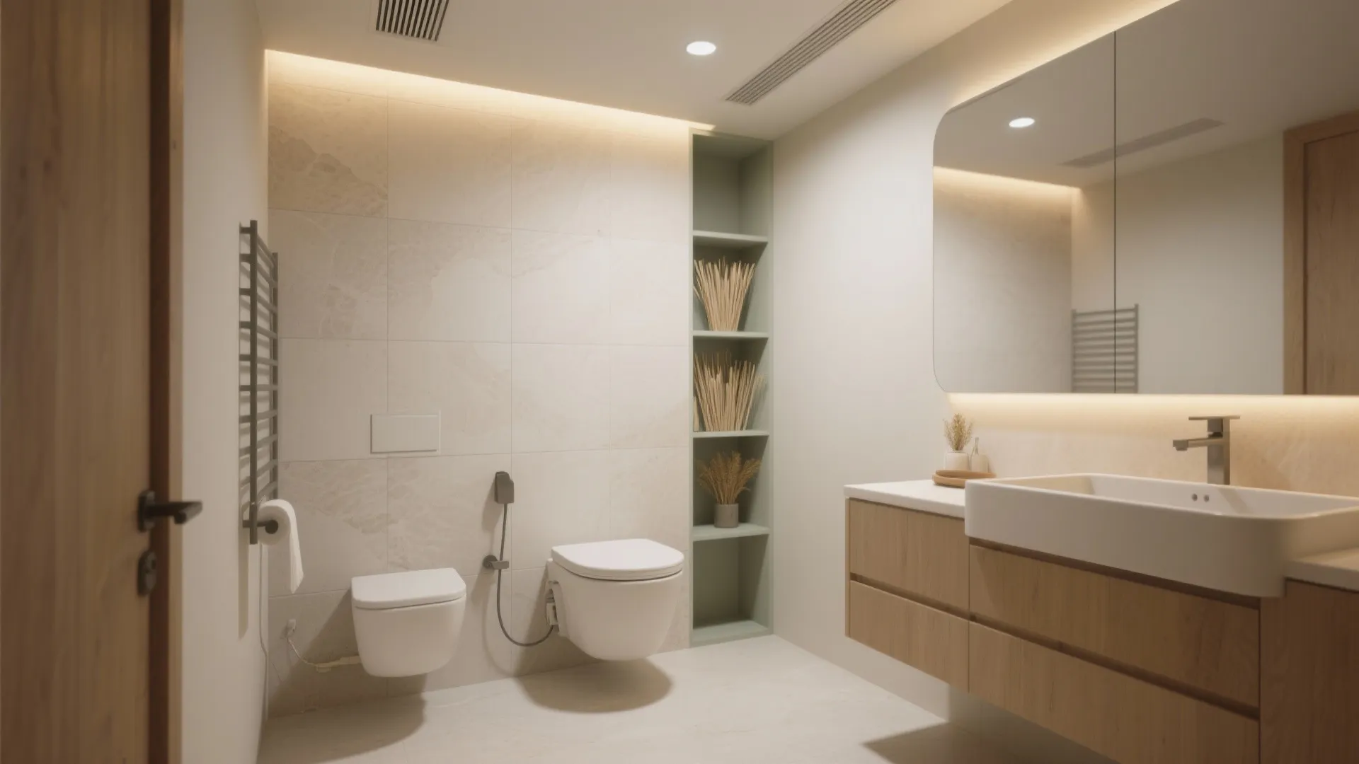 Modern bathroom with white wall toilet wooden cabinet large mirror and warm hidden ceiling lights
