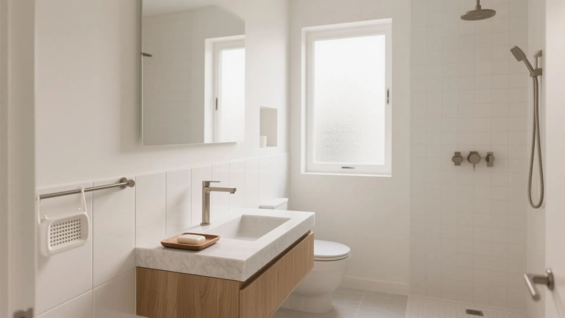 Minimalist white bathroom with wood cabinet marble sink toilet shower walk in area and window