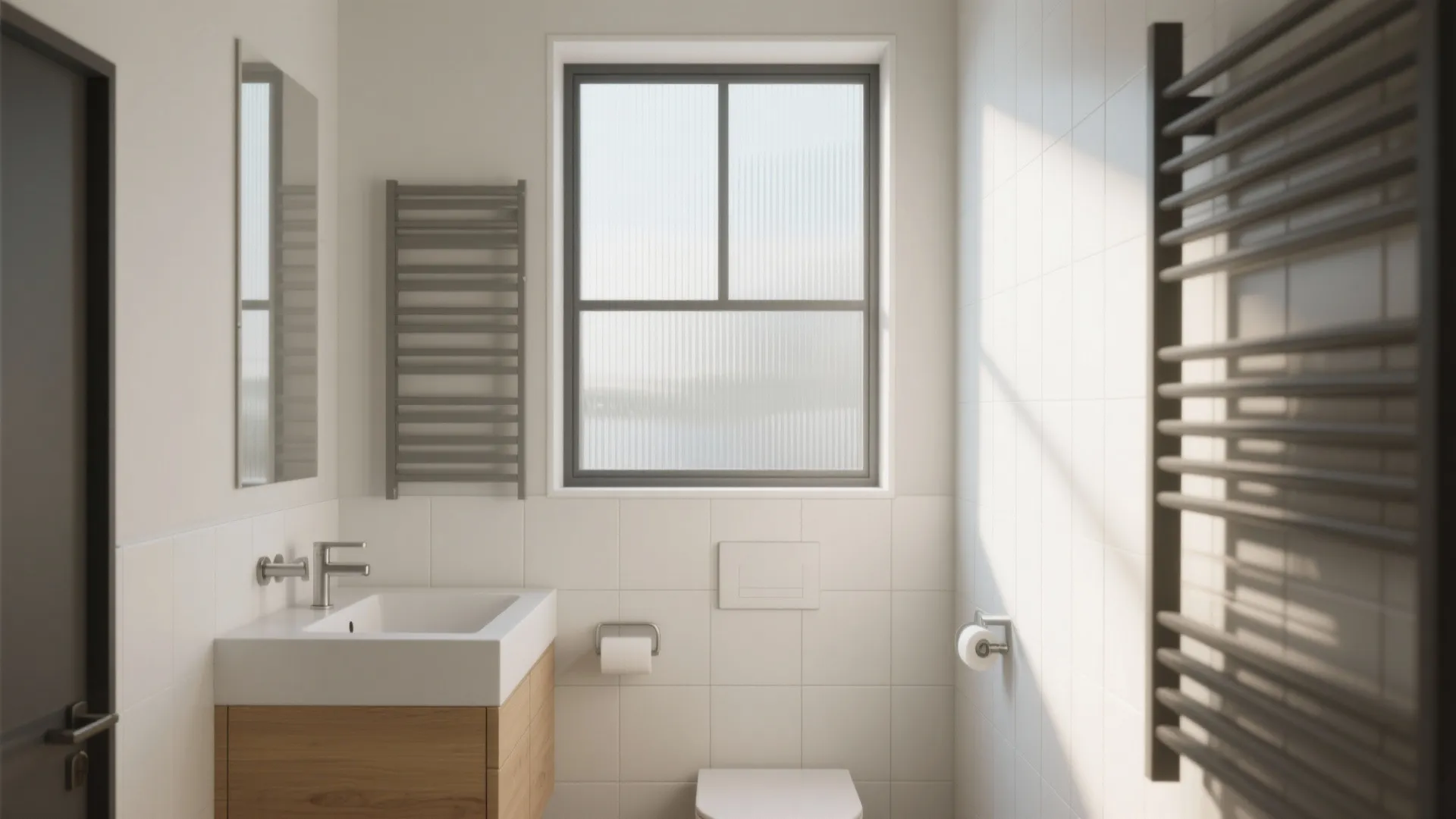 Modern bathroom with white walls wooden vanity sink toilet window and two grey metal towel racks