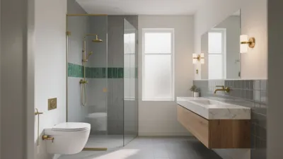 Modern Bathroom Design with Gold Fixtures and Green Accent Tile