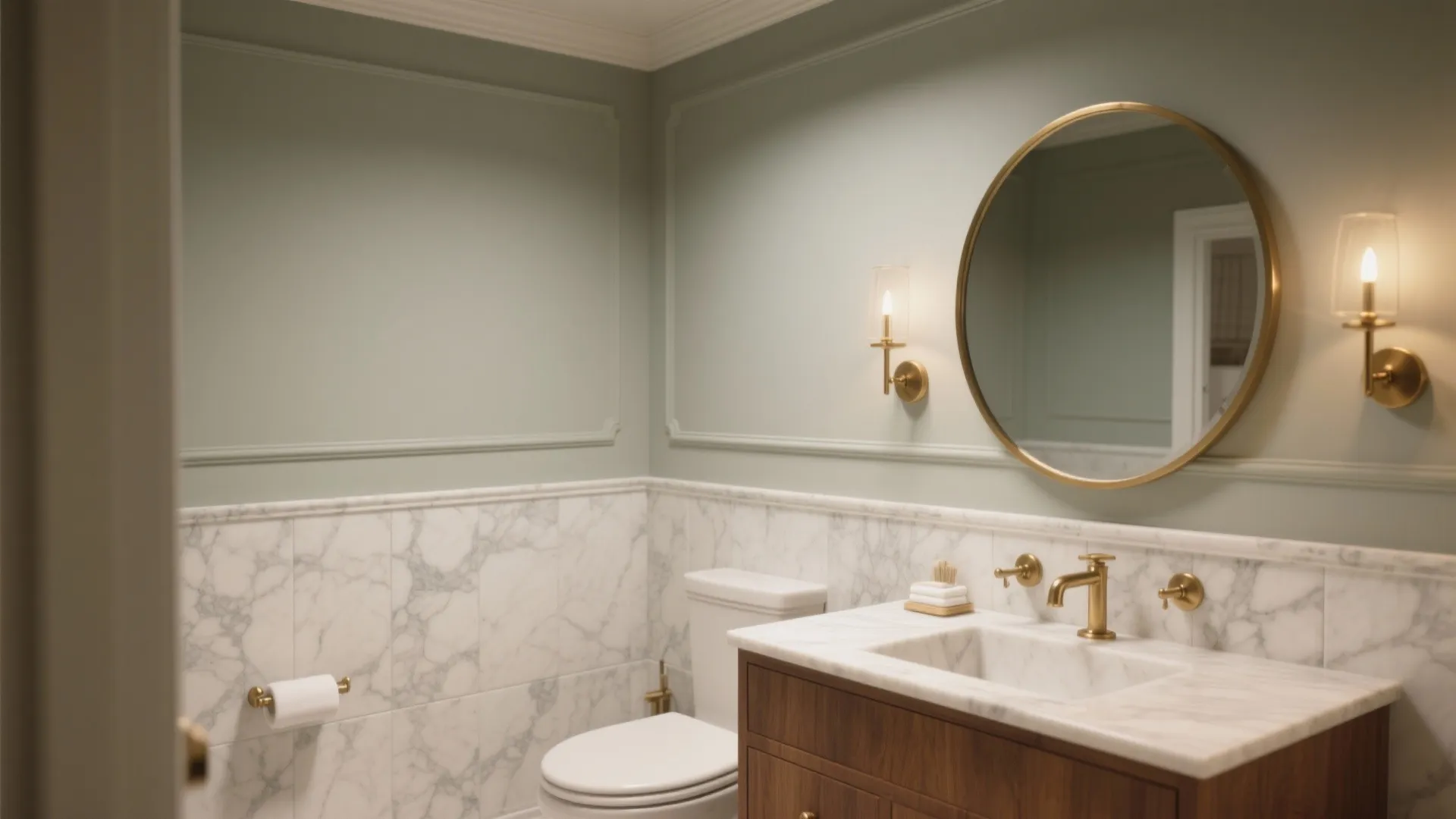 Honed Bathroom Wainscot: Half-Height Marble, Whole Mood