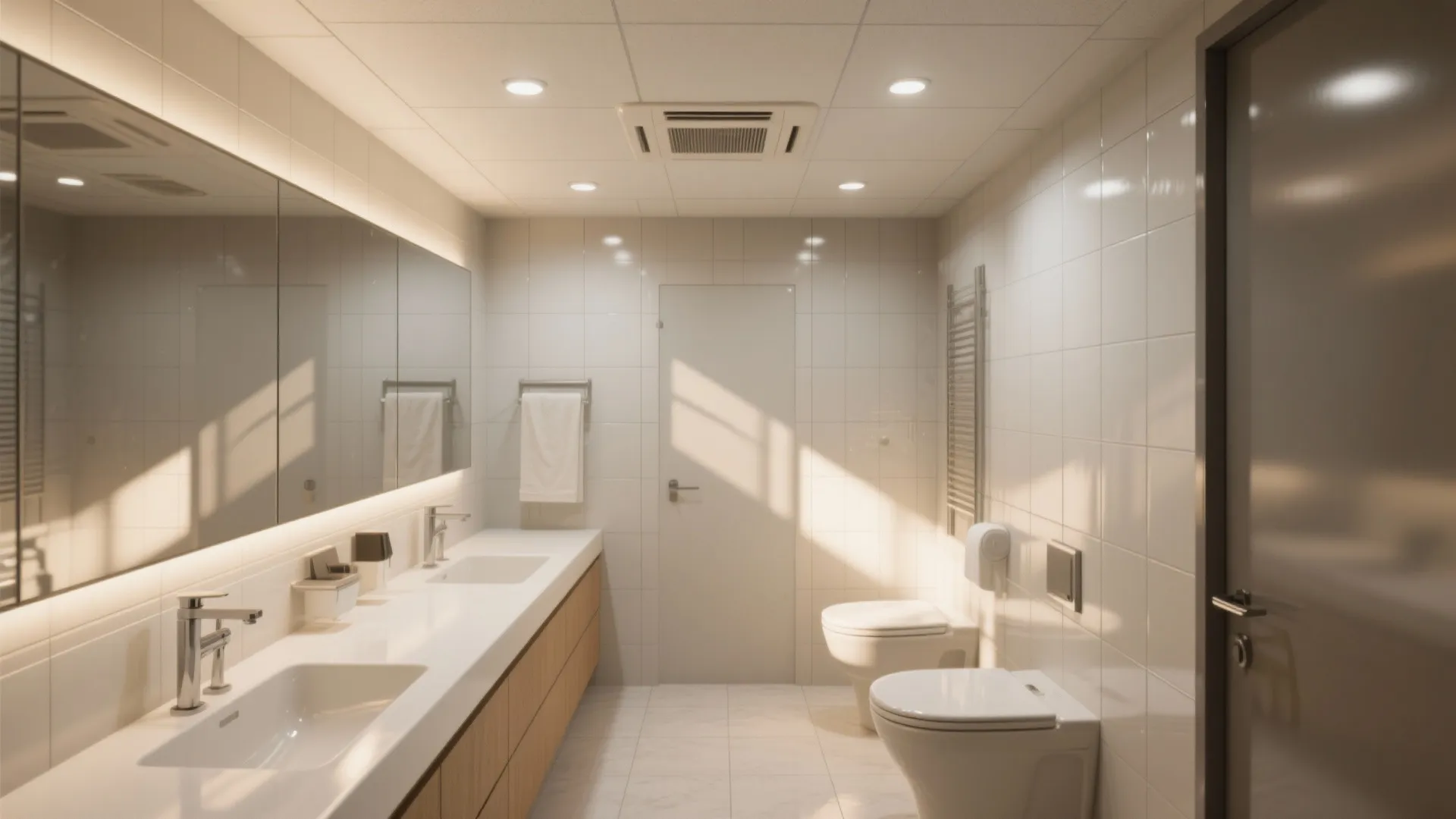 Modern bright bathroom with white tile walls wood cabinet large mirror and several recessed ceiling lights