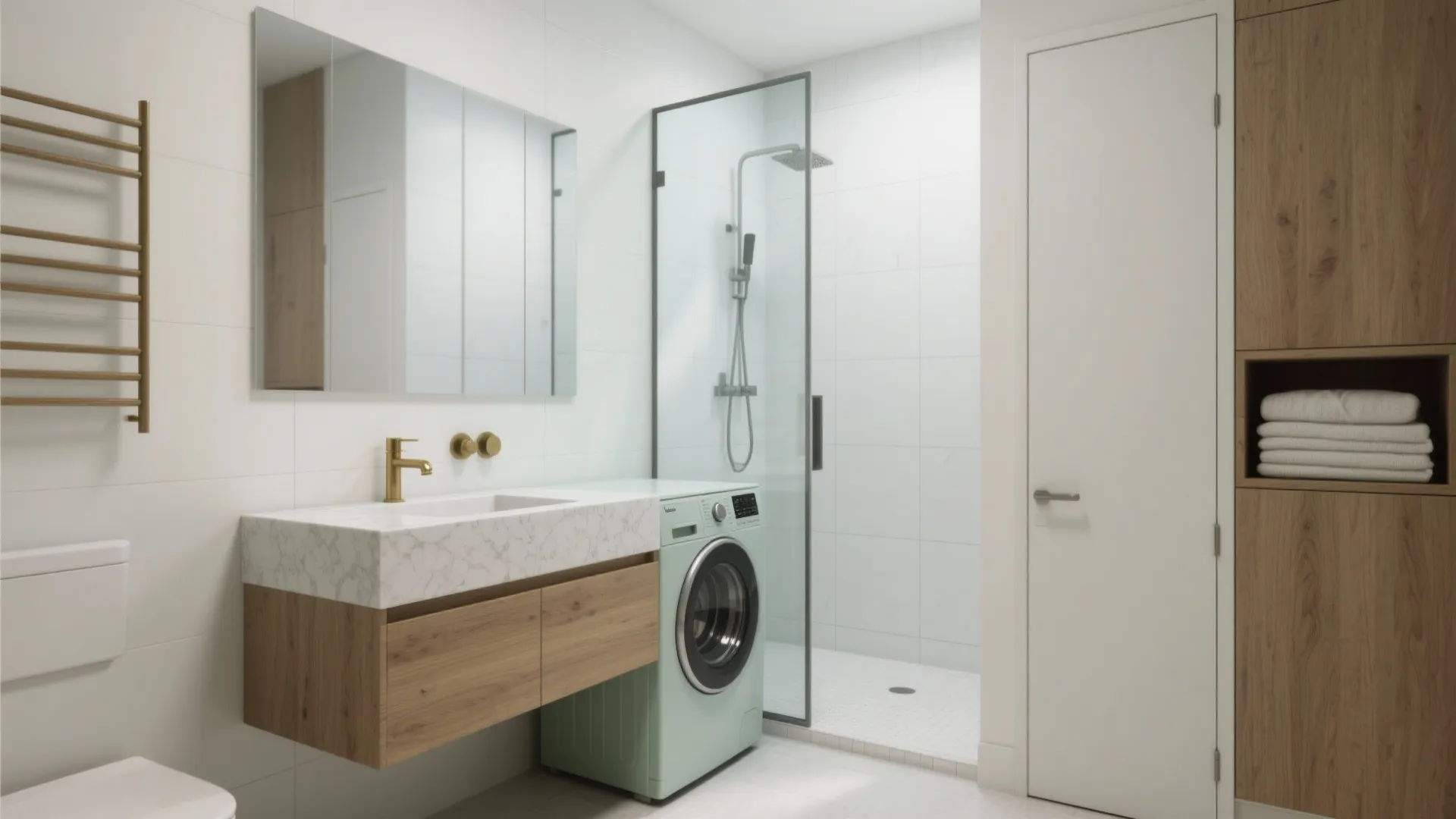 Bright bathroom interior featuring a green washing machine, marble sink, wooden cabinet, and glass shower