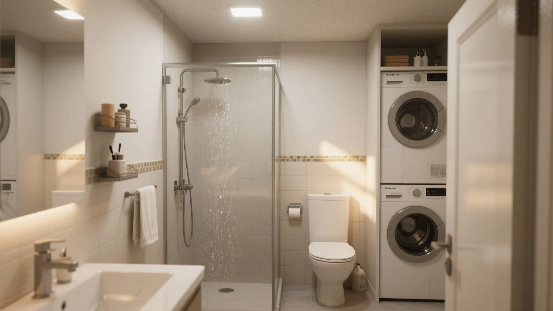 Modern bathroom featuring glass shower cabin white toilet sink and stacked washing machine and dryer