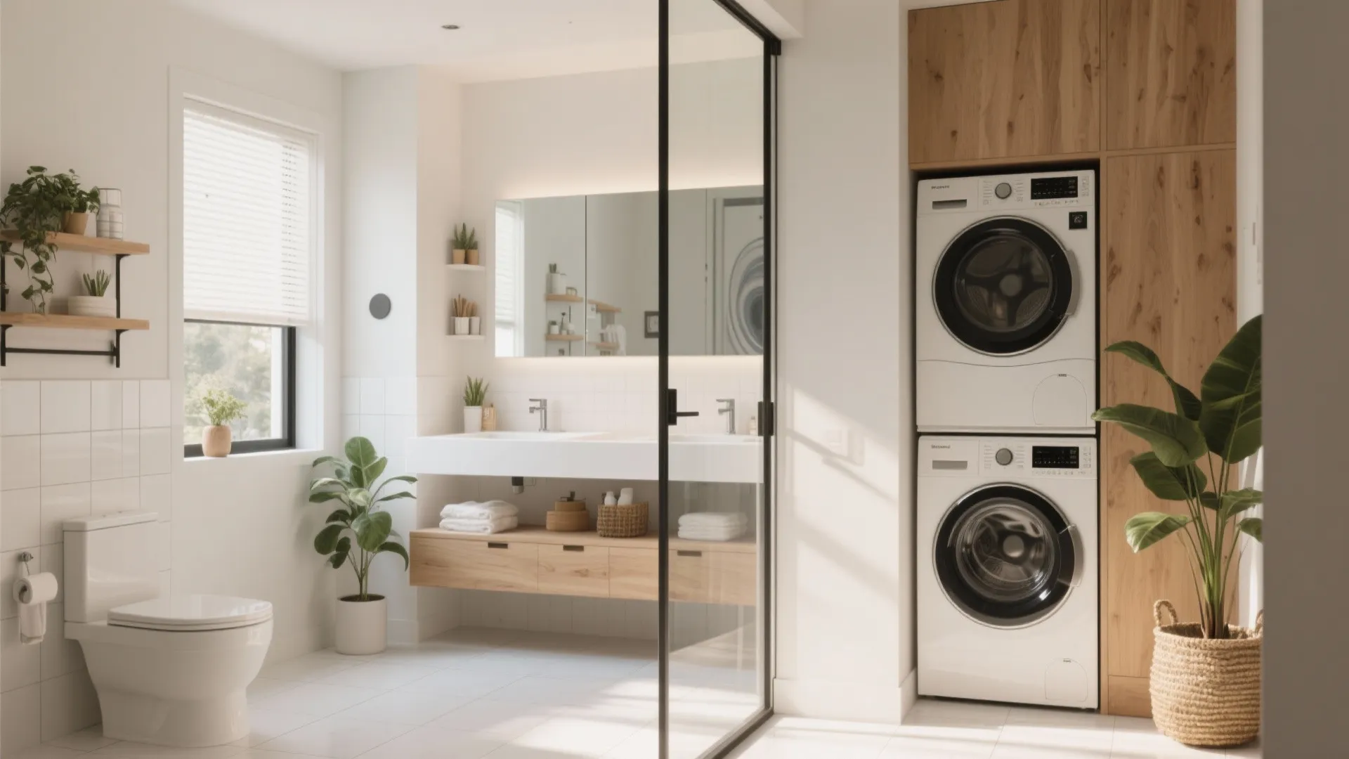 Modern white bathroom featuring a toilet, double sink, and stacked washing machine with dryer unit