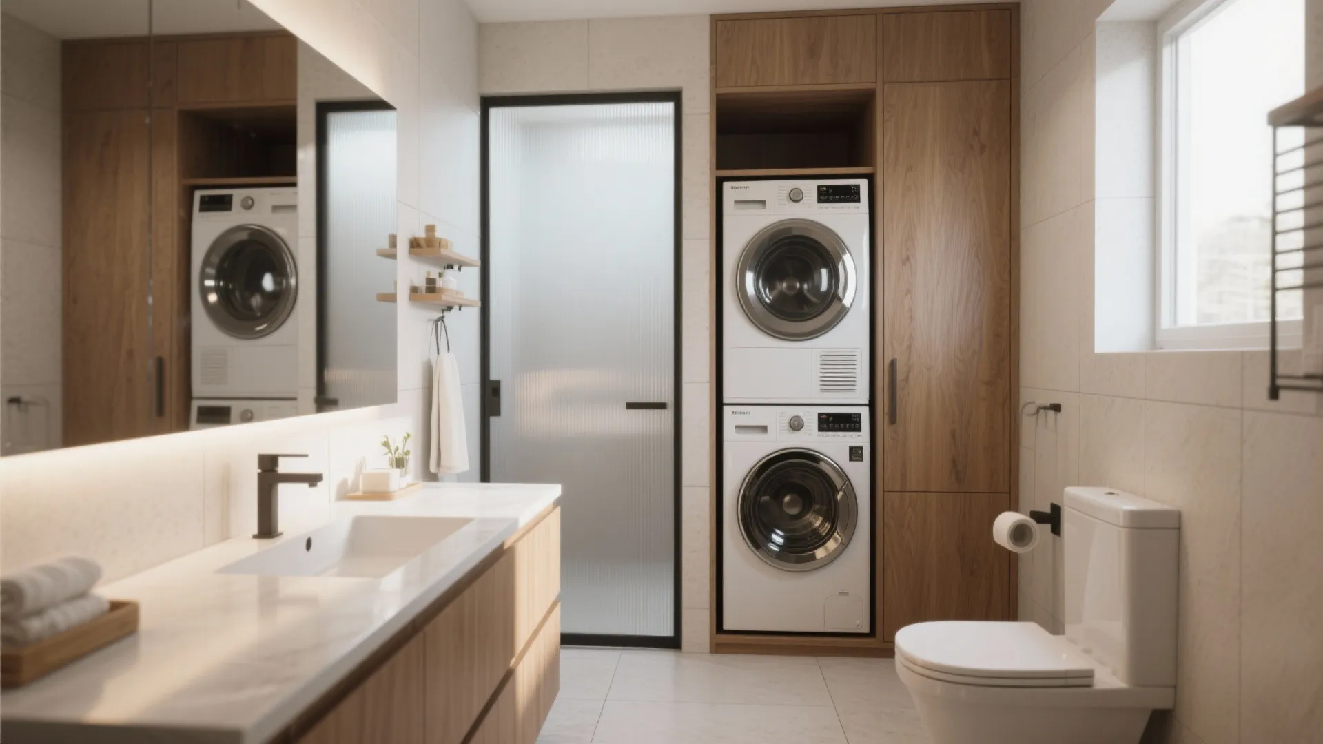 Modern bathroom with wooden cabinet holding stacked washing machine and dryer next to white toilet