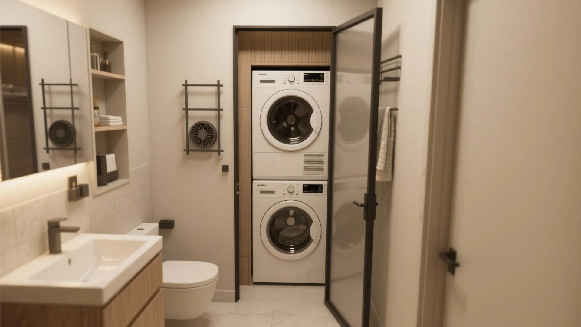 Small bathroom design featuring a toilet sink cabinet and stacked washing machine and clothes dryer