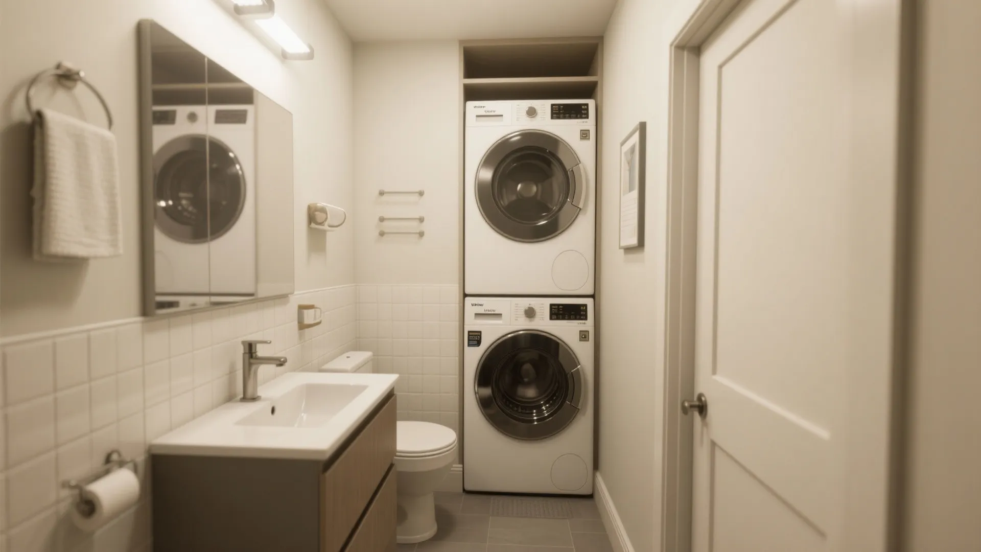 Modern small bathroom design with white sink cabinet toilet and stacked washing machine and dryer