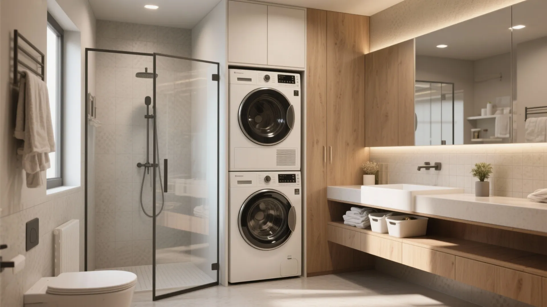 Bathroom with Laundry: 5 Layout Ideas: Creative small-space solutions for combining a bathroom and laundry without losing style or function