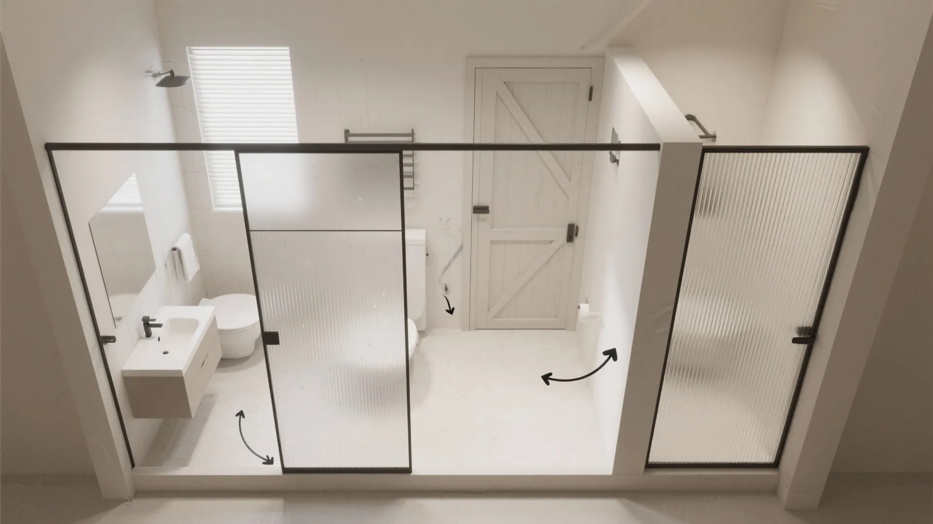 Bathroom layout with shower toilet sink wooden door and black arrows showing functional room movement