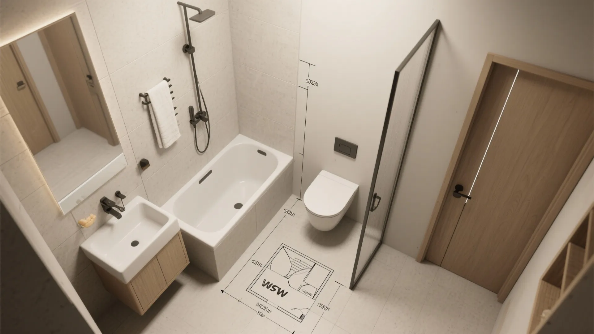 Top-down mockup of a small bathroom showing measured clearances and deep tub placement options.