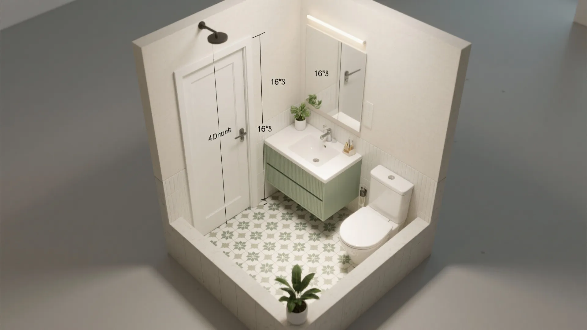 Interior design drawing of a small bathroom showing green cabinet white sink and toilet layout