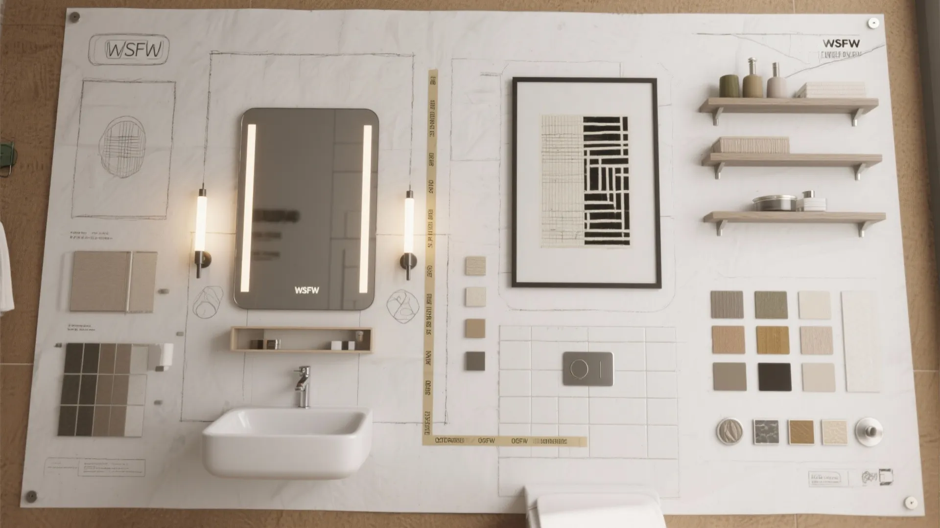Top-down planning board showing zones for mirror, shelves, and art with swatches and hardware samples.