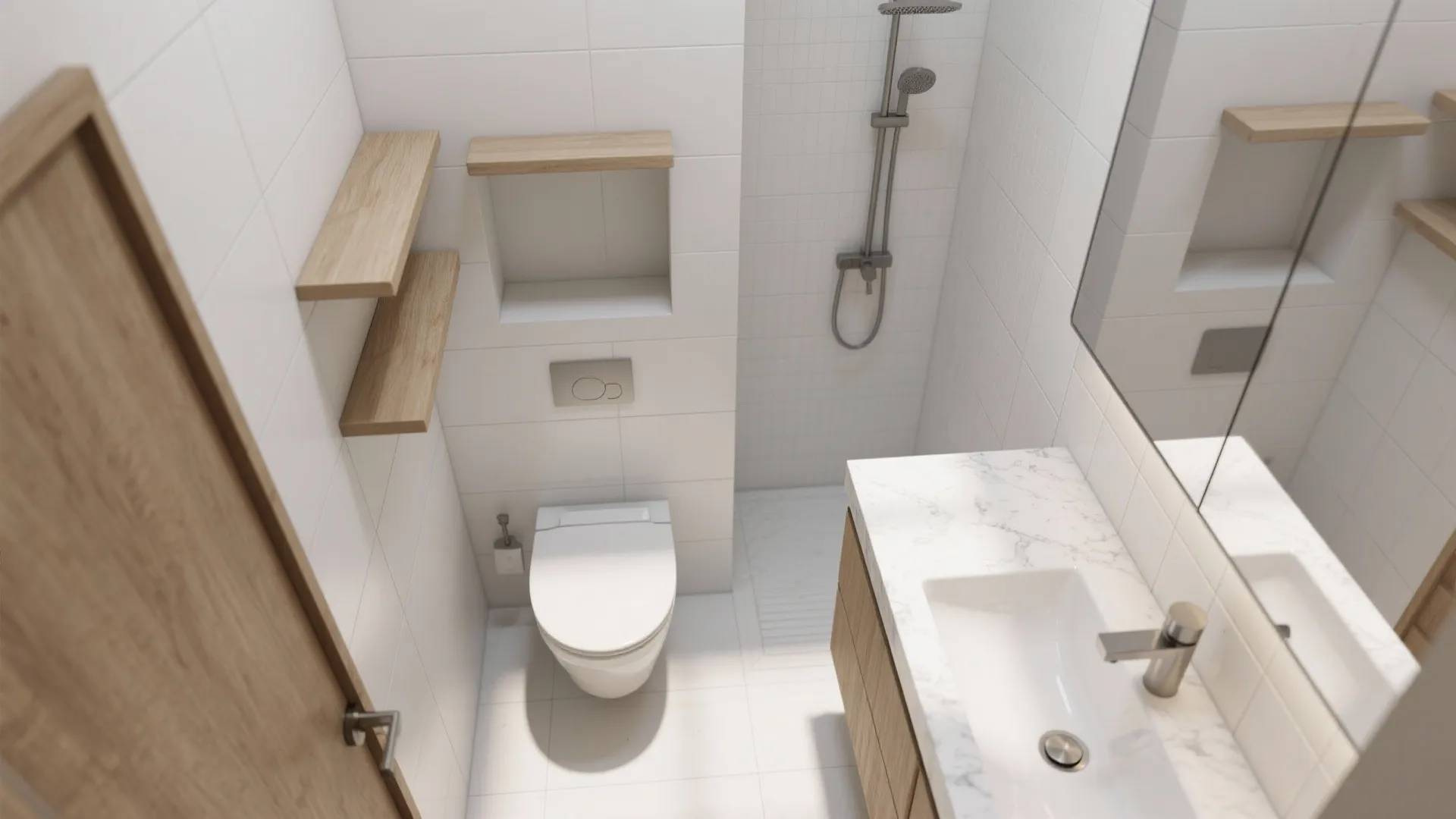 Top-down view of a narrow bathroom showing shelf placements above the toilet, a shower niche, and a slim wall ledge.