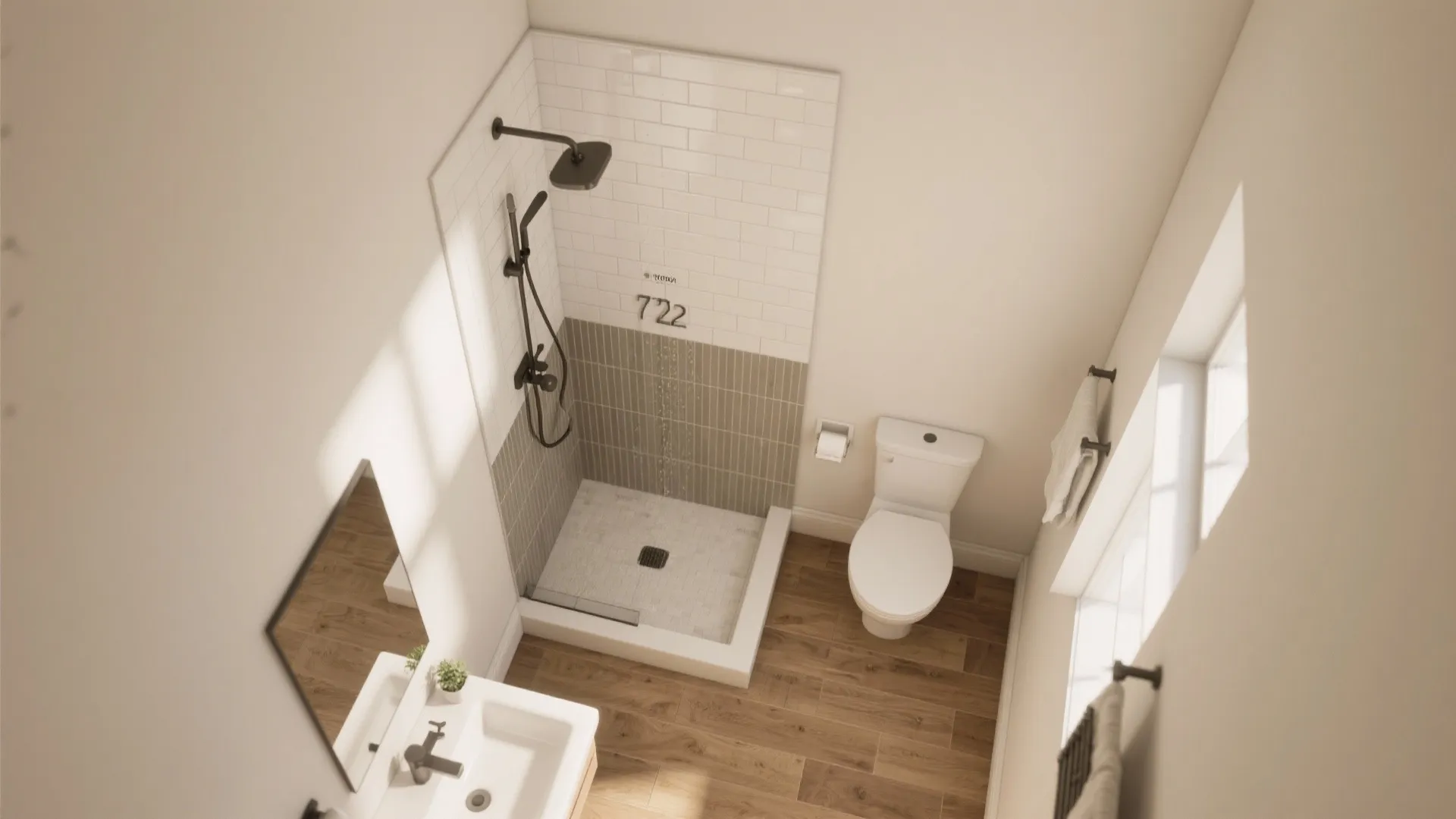 High angle interior design drawing of small bathroom showing shower toilet sink and wood floor layout